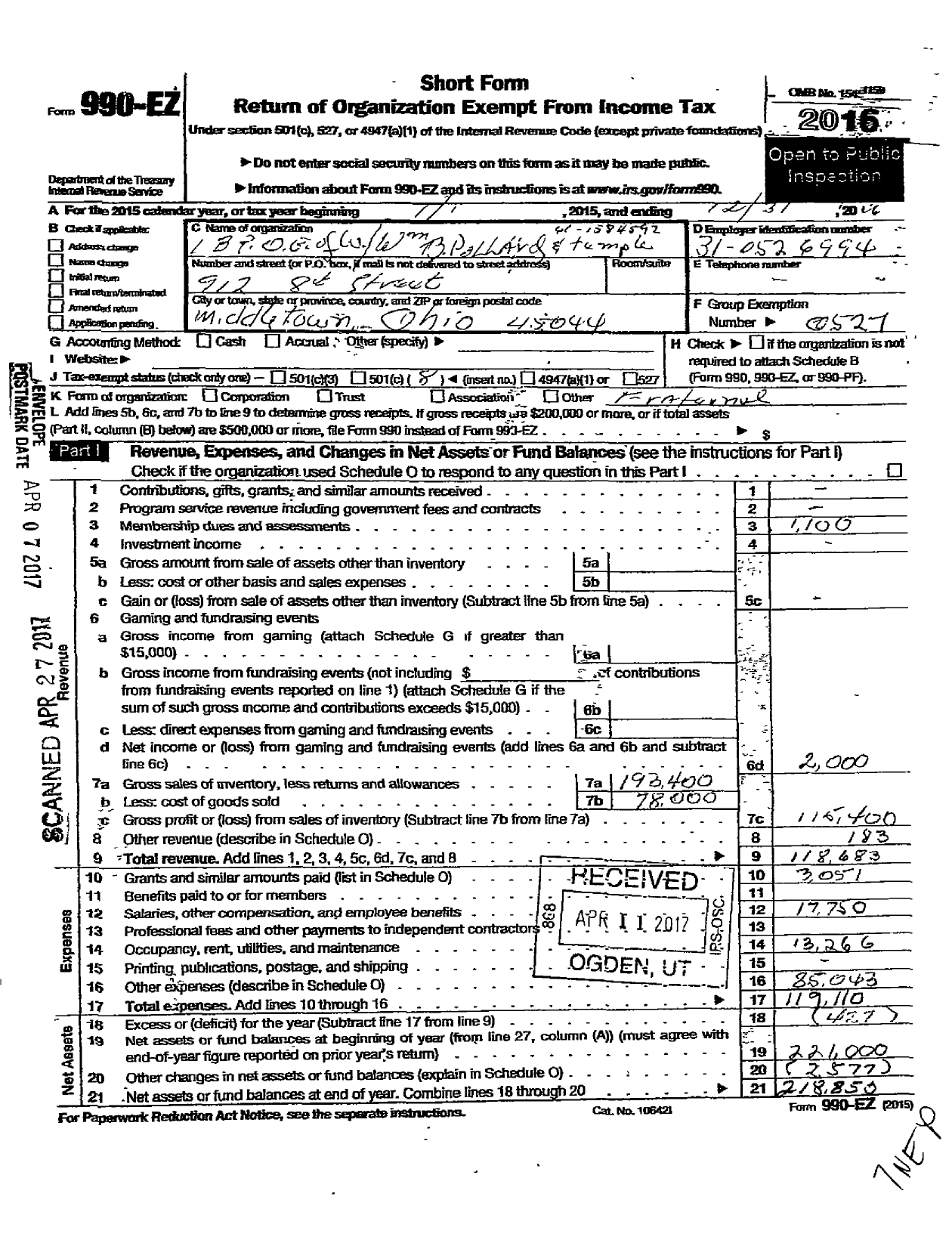 Image of first page of 2016 Form 990EO for Improved Benevolent and Protective Order OF Elks OF the World - 456 Silver Leaf Lodge