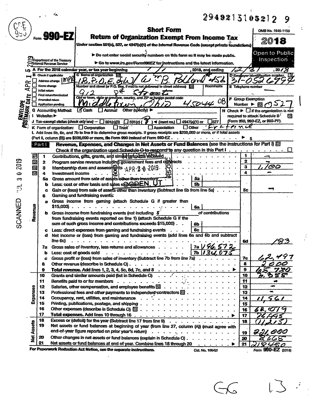 Image of first page of 2018 Form 990EO for Improved Benevolent and Protective Order OF Elks OF the World - 456 Silver Leaf Lodge
