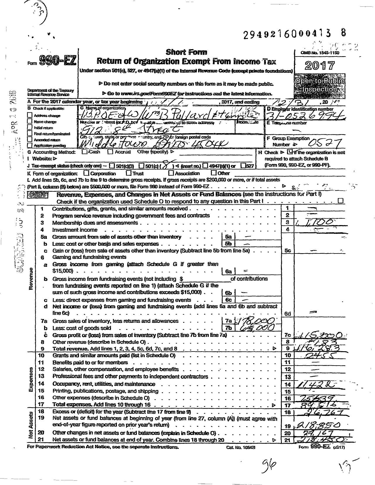 Image of first page of 2017 Form 990EO for Improved Benevolent and Protective Order OF Elks OF the World - 456 Silver Leaf Lodge