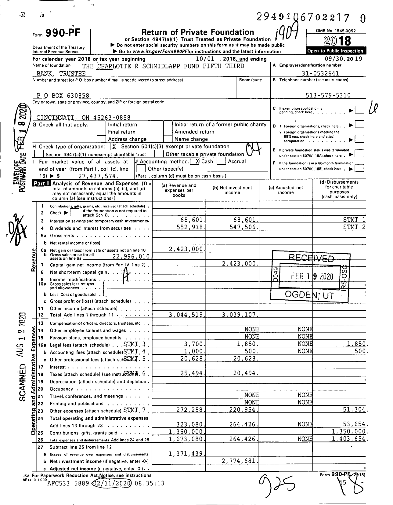 Image of first page of 2018 Form 990PR for The Charlotte R Schmidlapp Fund Fifth Third