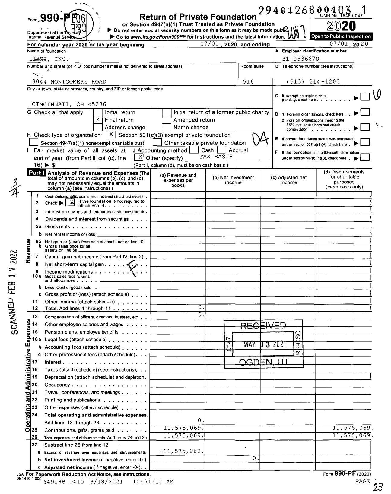 Image of first page of 2019 Form 990PF for Jewish Foundation of Cincinnati / Jhsi