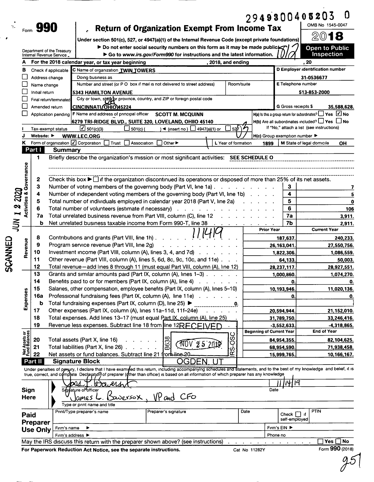 Image of first page of 2018 Form 990 for Twin Towers