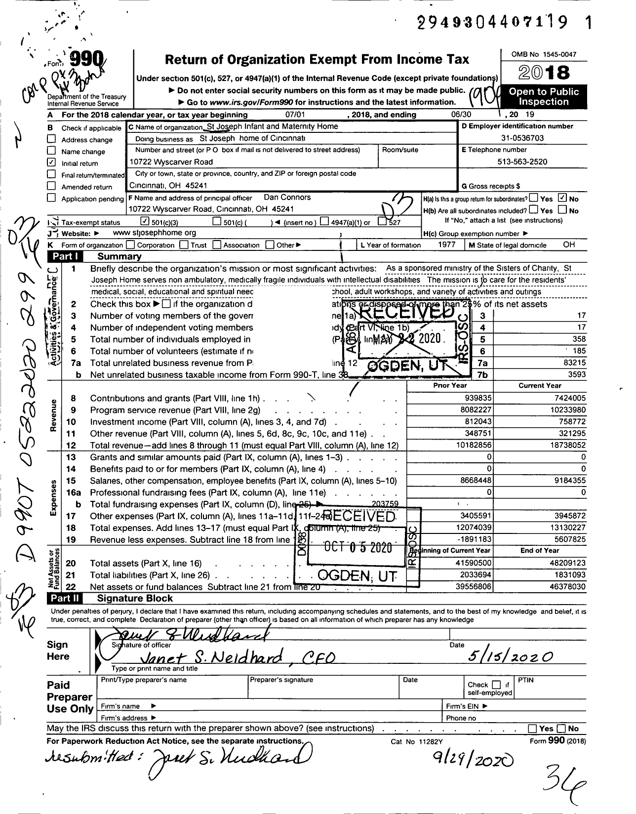 Image of first page of 2018 Form 990 for St. Joseph Home