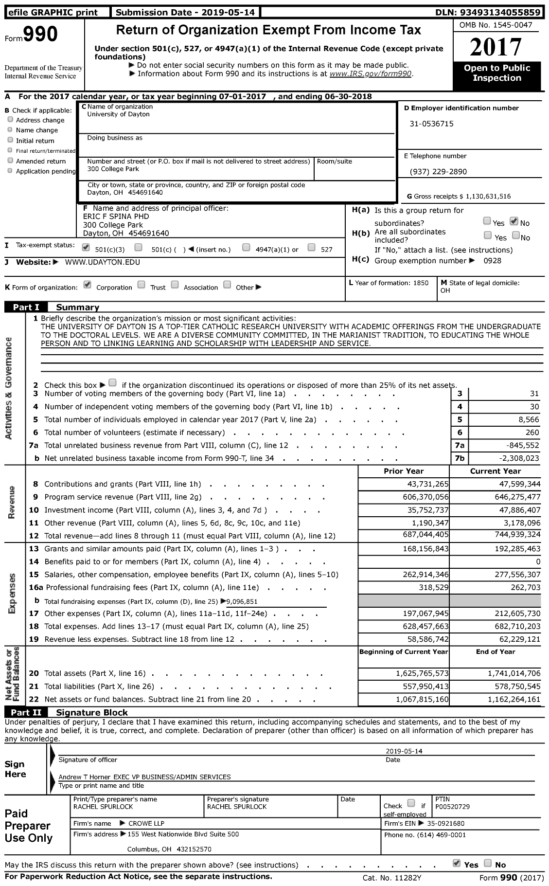 Image of first page of 2017 Form 990 for University of Dayton (UD)