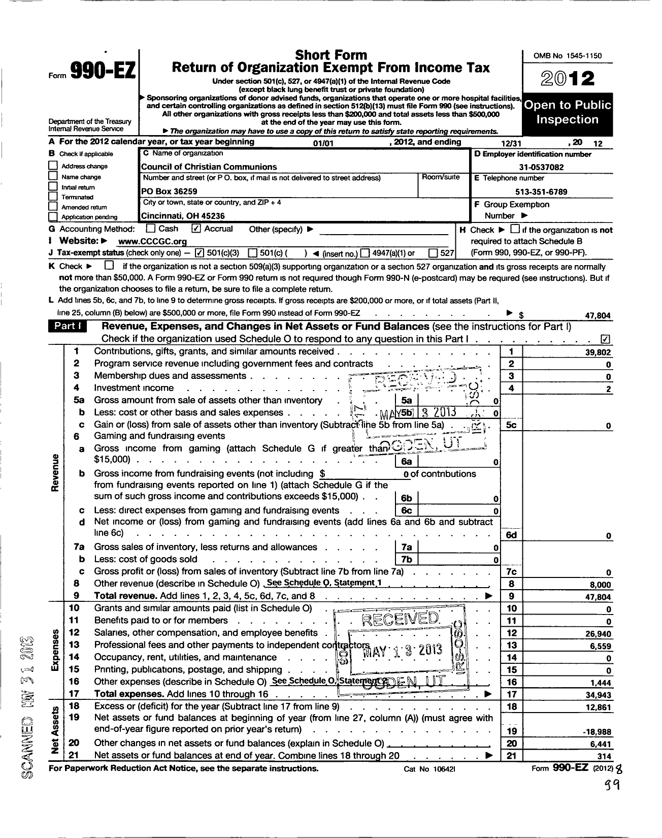 Image of first page of 2012 Form 990EZ for Council of Christian Communions of Greater Cincinnati