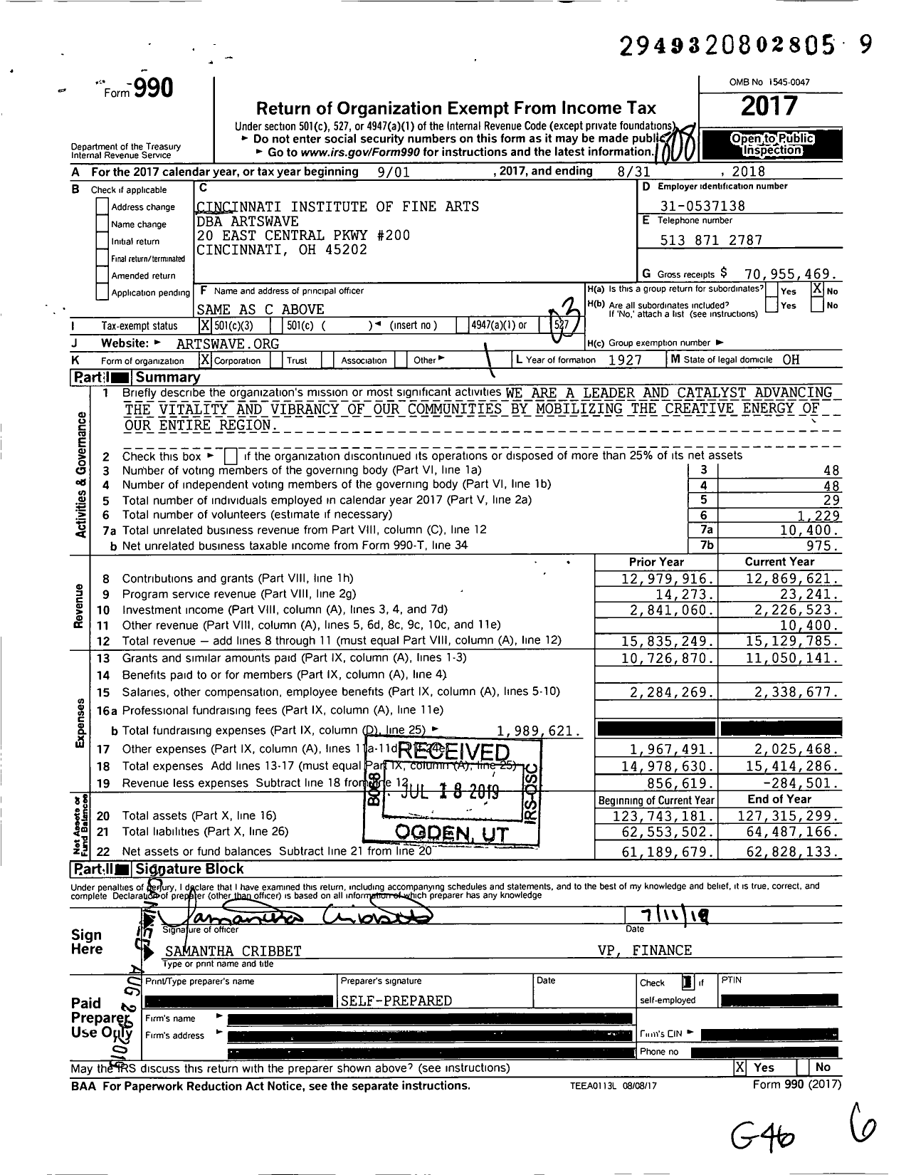 Image of first page of 2017 Form 990 for ArtsWave