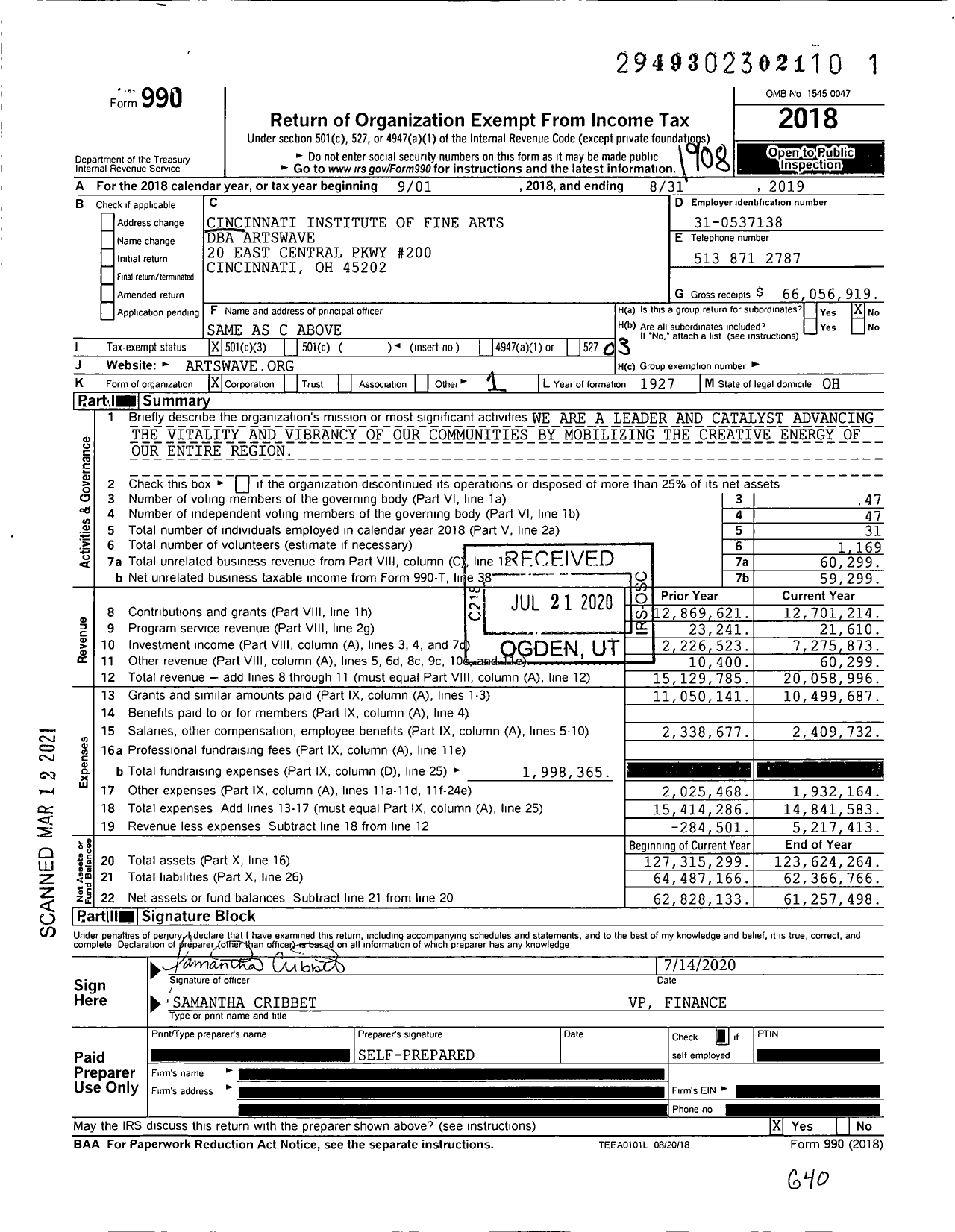 Image of first page of 2018 Form 990 for ArtsWave