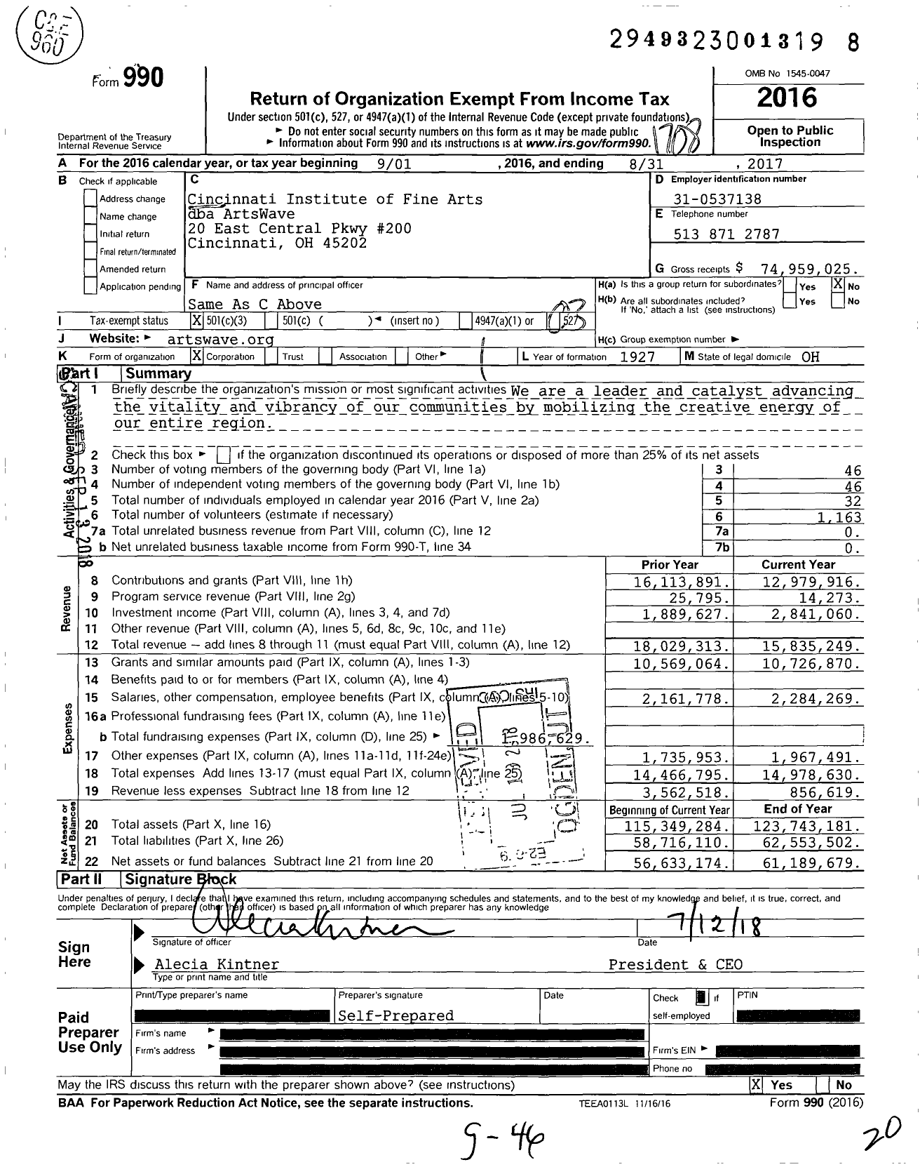 Image of first page of 2016 Form 990 for ArtsWave