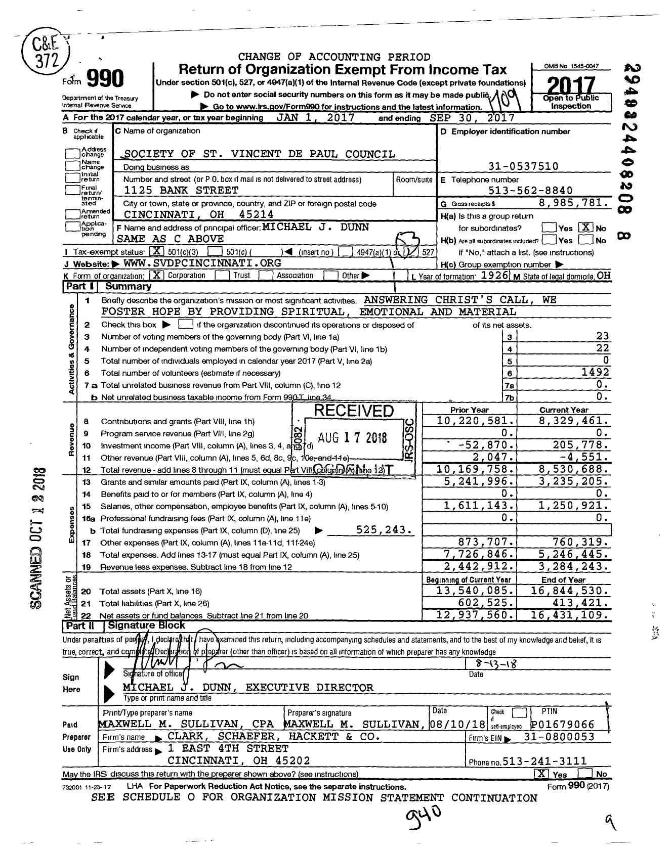 Image of first page of 2016 Form 990 for Society of St. Vincent de Paul - Cincinnati