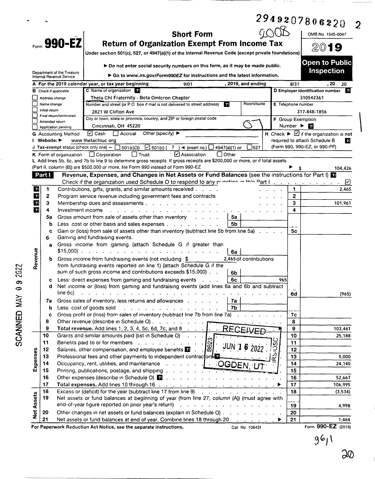 Image of first page of 2019 Form 990EO for Theta Chi Fraternity Beta Omicron Chapter