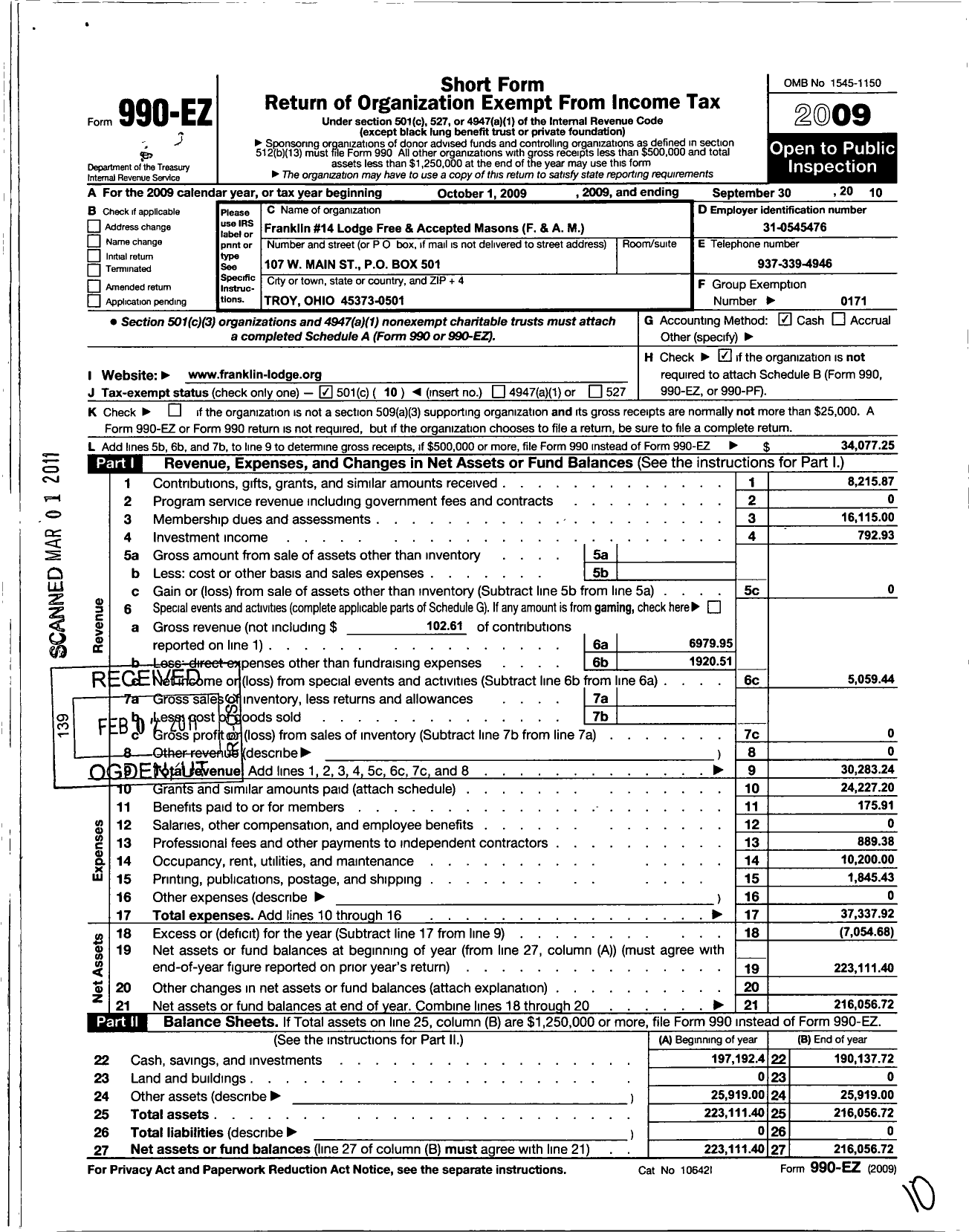 Image of first page of 2009 Form 990EO for Free & Accepted Masons of Ohio - 14 Franklin Lodge