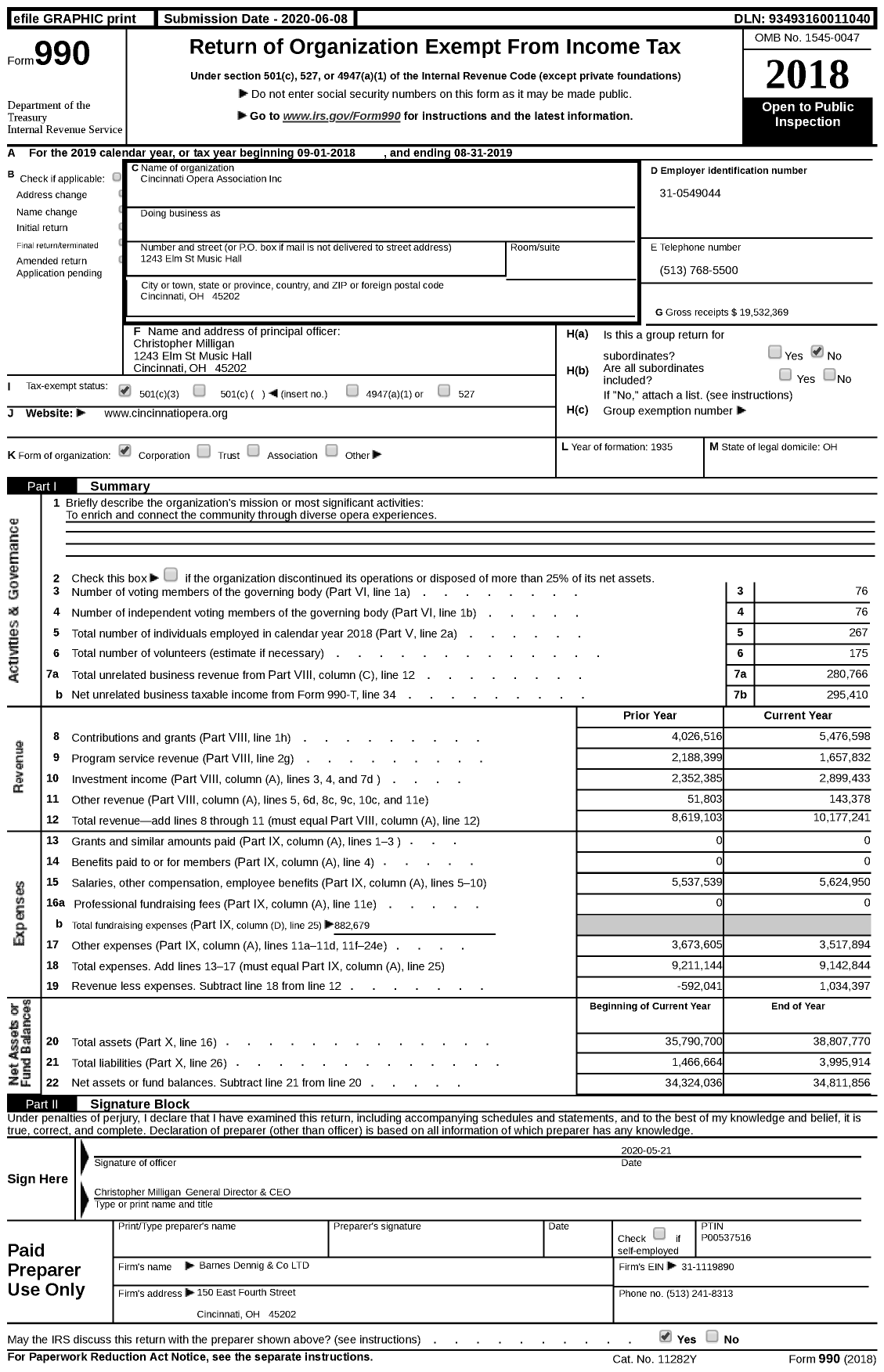 Image of first page of 2018 Form 990 for Cincinnati Opera Association