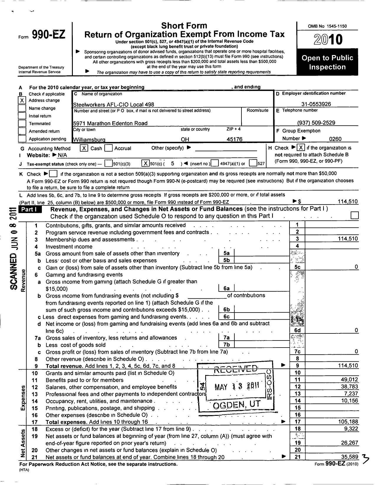 Image of first page of 2010 Form 990EO for United Steelworkers - 00498 Local