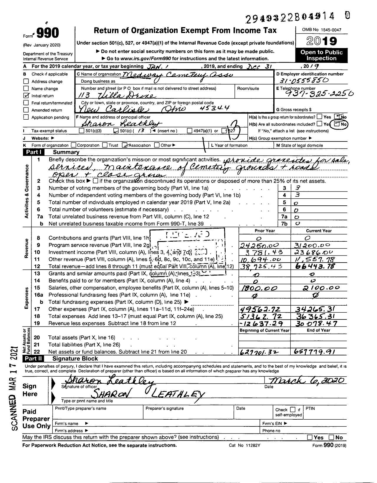 Image of first page of 2019 Form 990O for Medway Cemetery Association