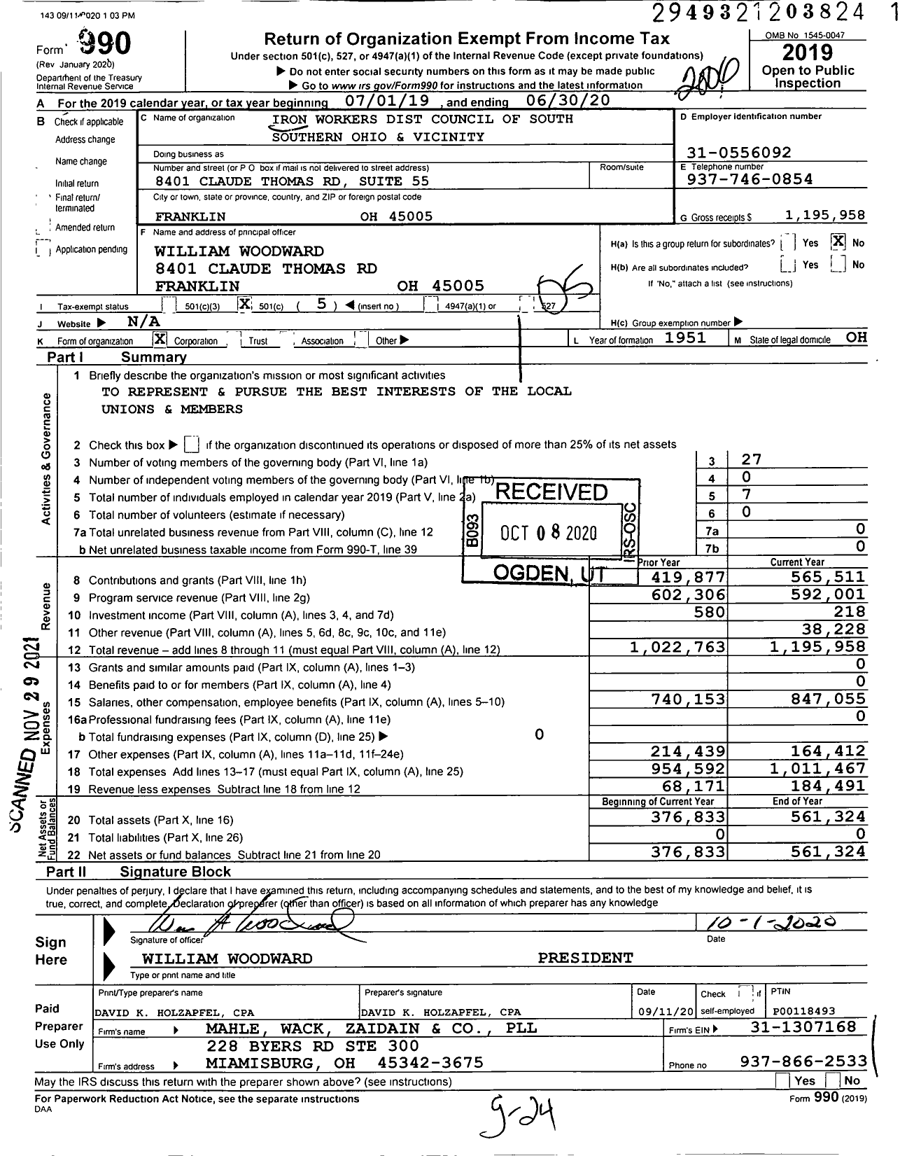 Image of first page of 2019 Form 990O for Iron Workers Dist Council of Southern Ohio and Vicinity