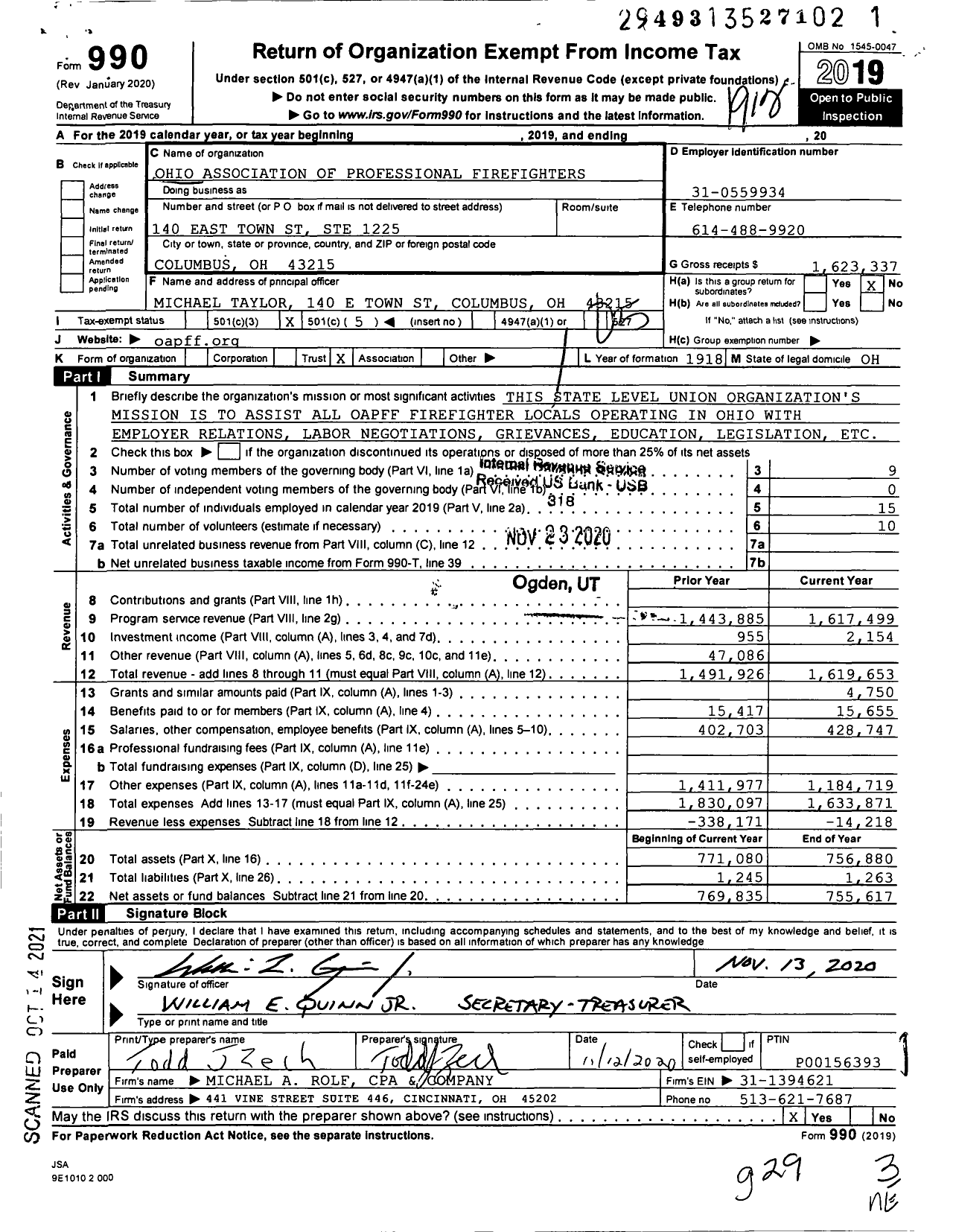 Image of first page of 2019 Form 990O for International Association of Fire Fighters - A0034 Ohio Association of Prof Fire