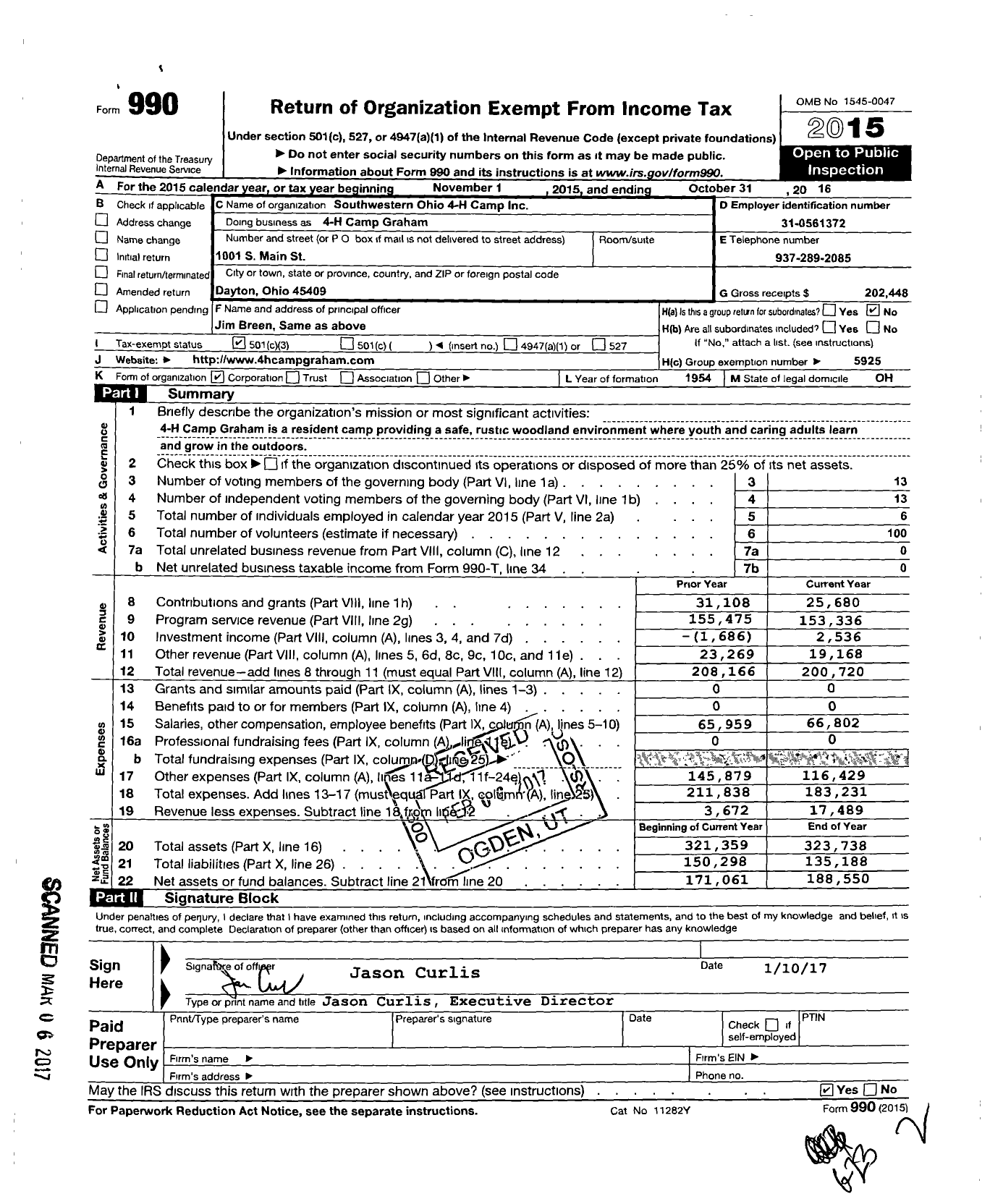 Image of first page of 2015 Form 990 for 4-H Camp Graham