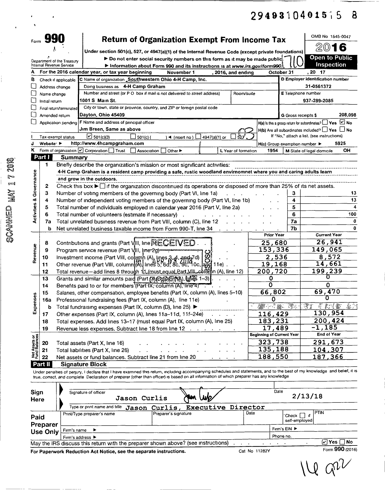 Image of first page of 2016 Form 990 for 4-H Camp Graham