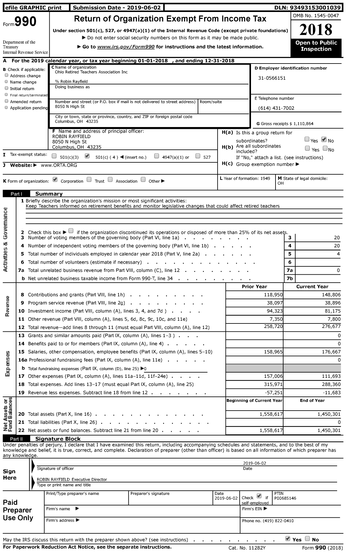 Image of first page of 2018 Form 990 for Ohio Retired Teachers Association