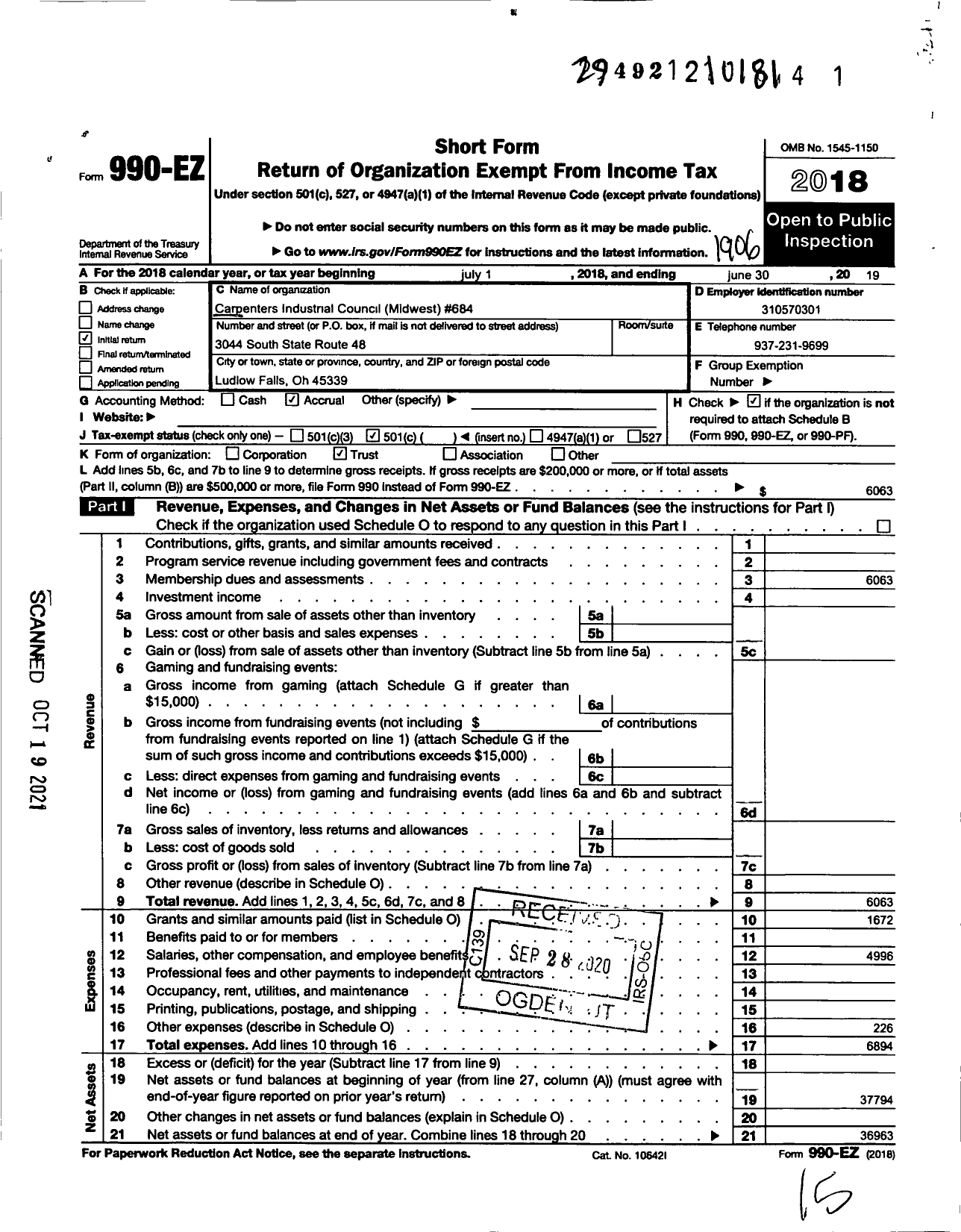 Image of first page of 2018 Form 990EO for United Brotherhood of Carpenters & Joiners - 684 Local