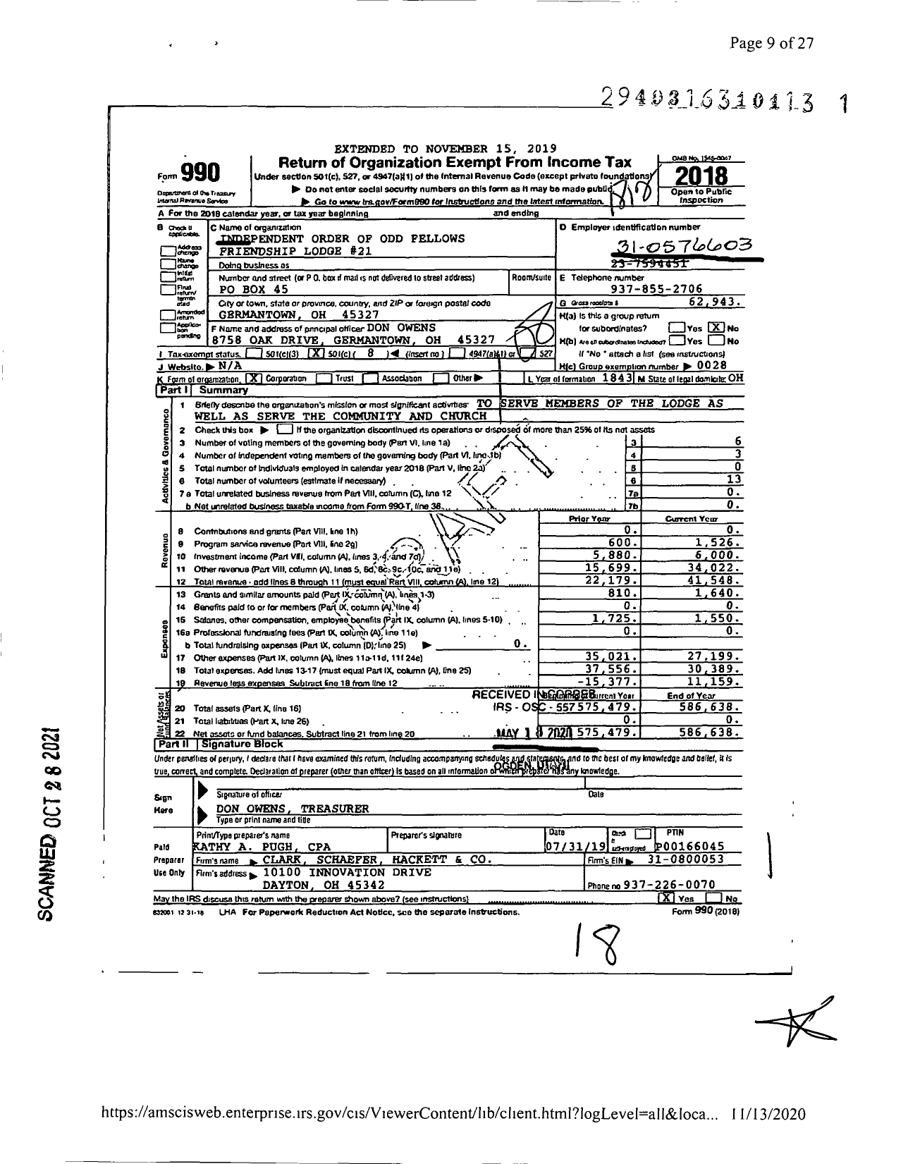 Image of first page of 2018 Form 990O for Independent Order of Odd Fellows - 21 Friendship Lodge