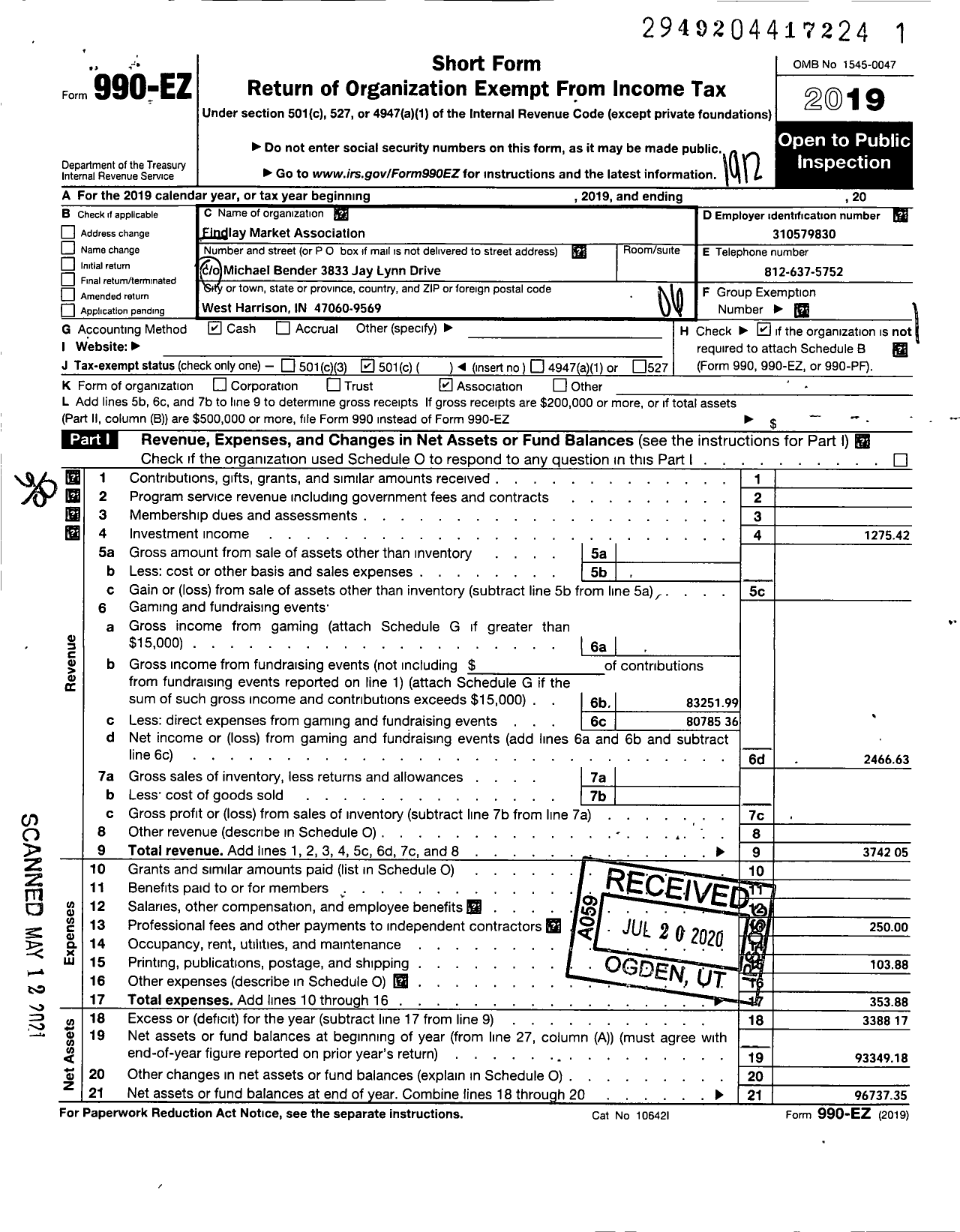 Image of first page of 2019 Form 990EO for Findlay Market Association