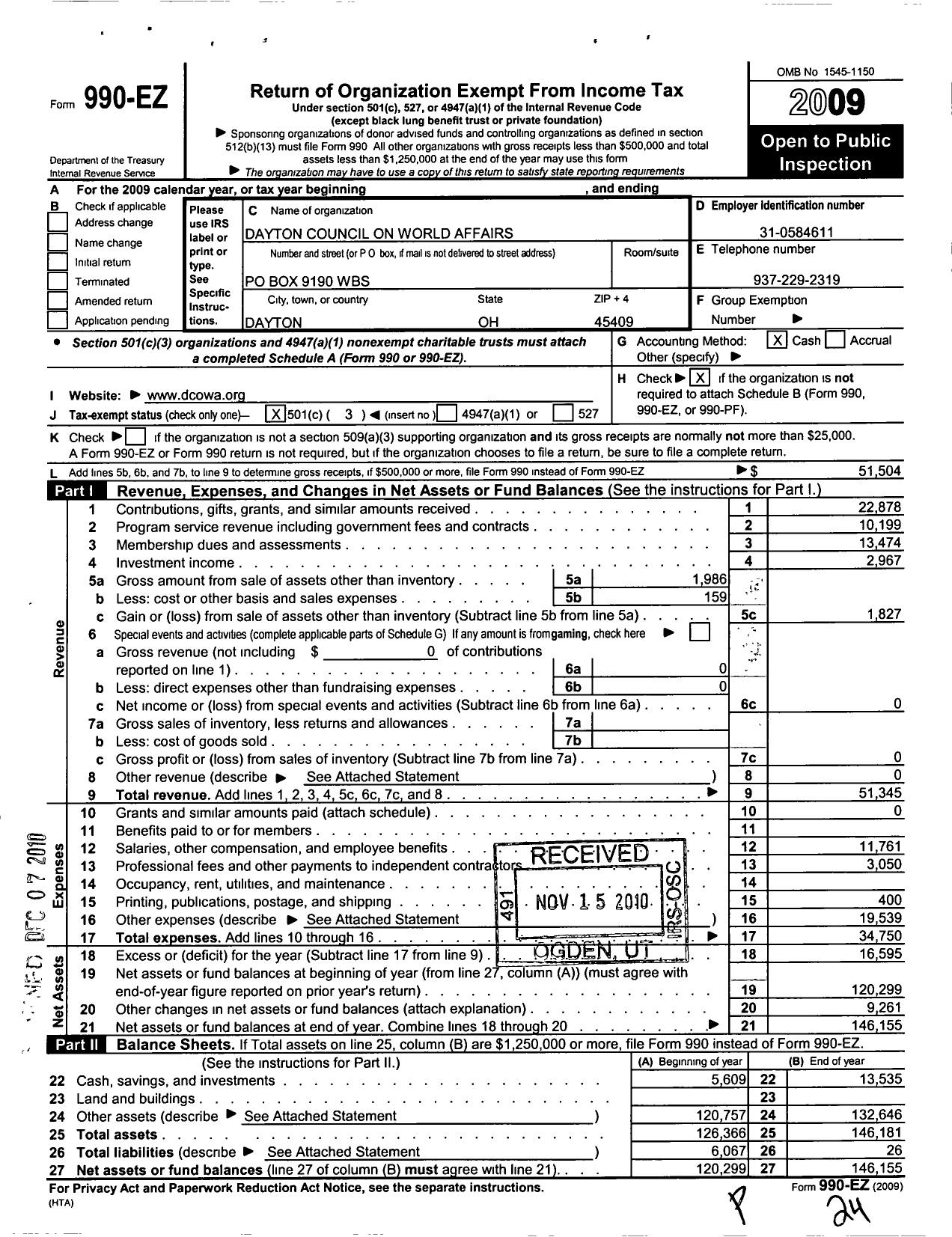 Image of first page of 2009 Form 990EZ for Dayton Council on World Affairs