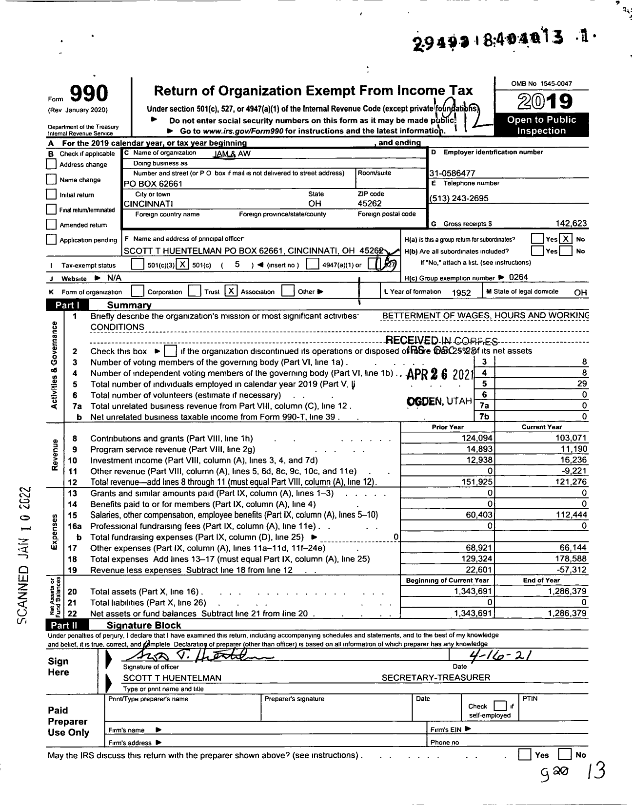 Image of first page of 2019 Form 990O for International Association of Machinists and Aerospace Workers - 912 Iam Local Lodge