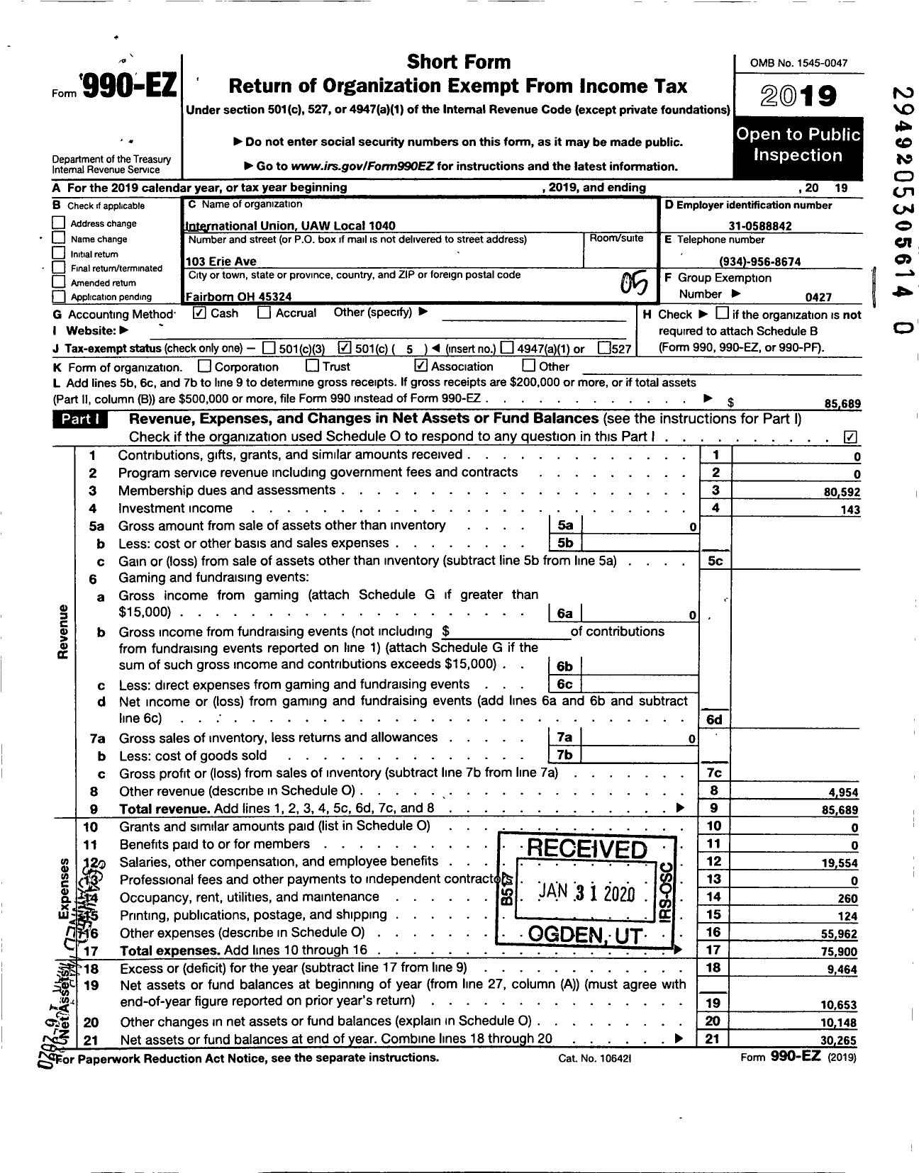 Image of first page of 2019 Form 990EO for UAW - 1040 UAW Local