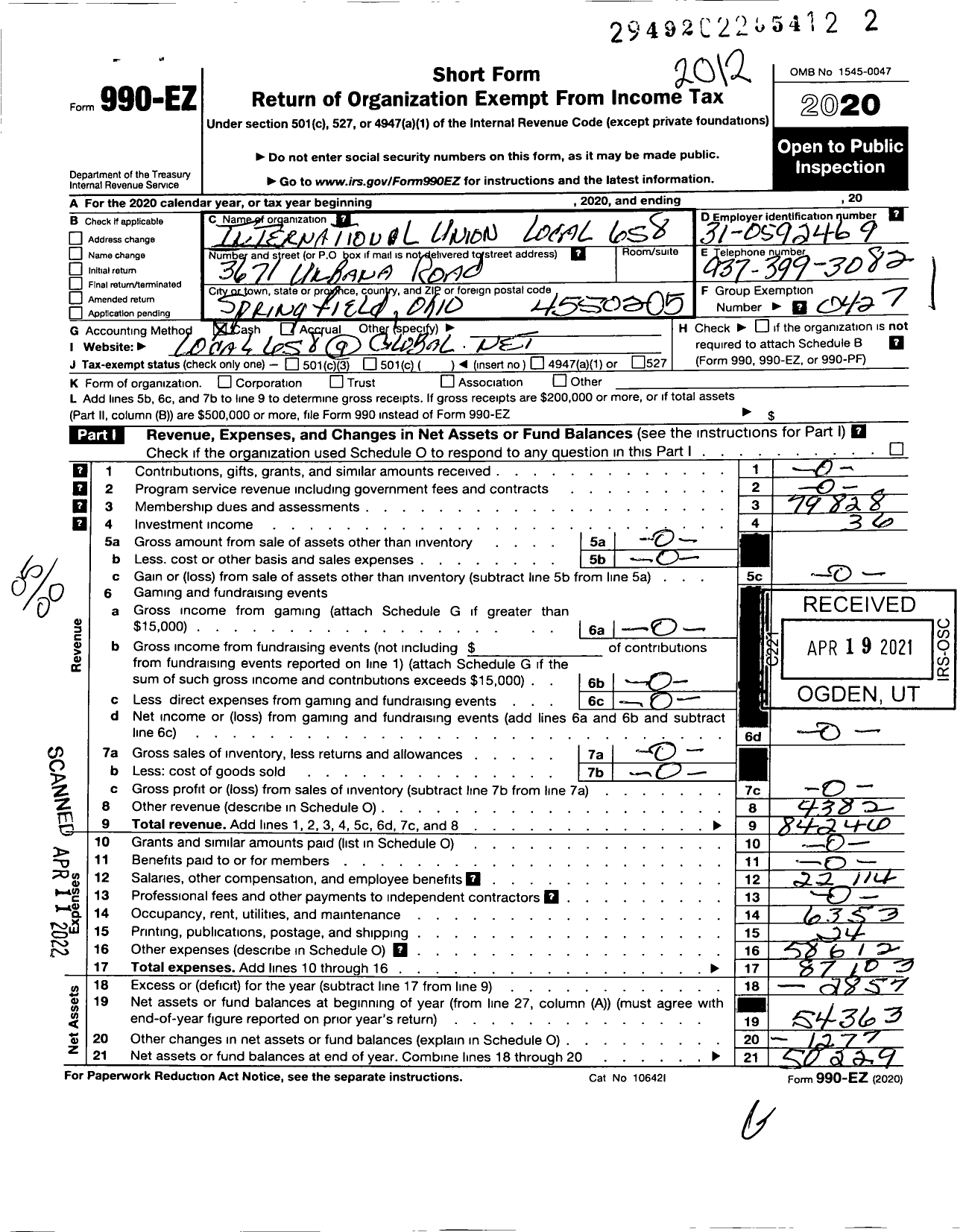 Image of first page of 2020 Form 990EO for Uaw - 658 Local 2B Region