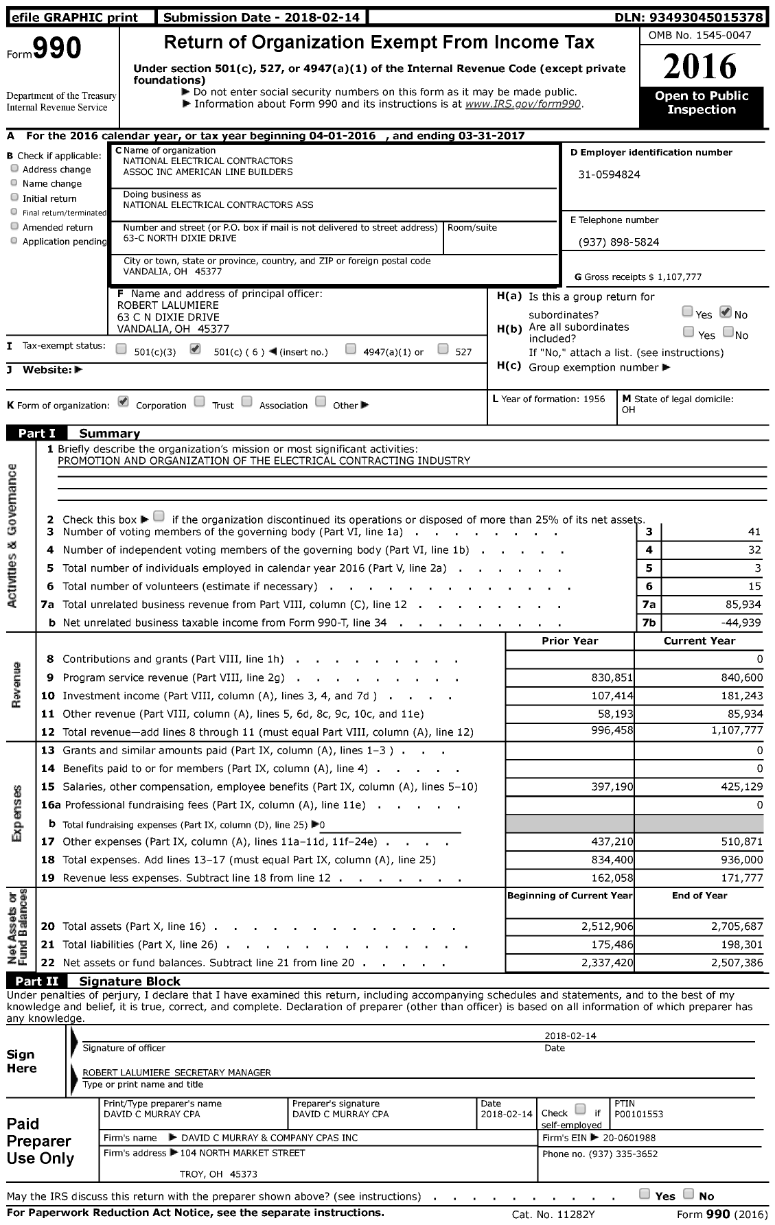 Image of first page of 2016 Form 990 for National Electrical Contractors