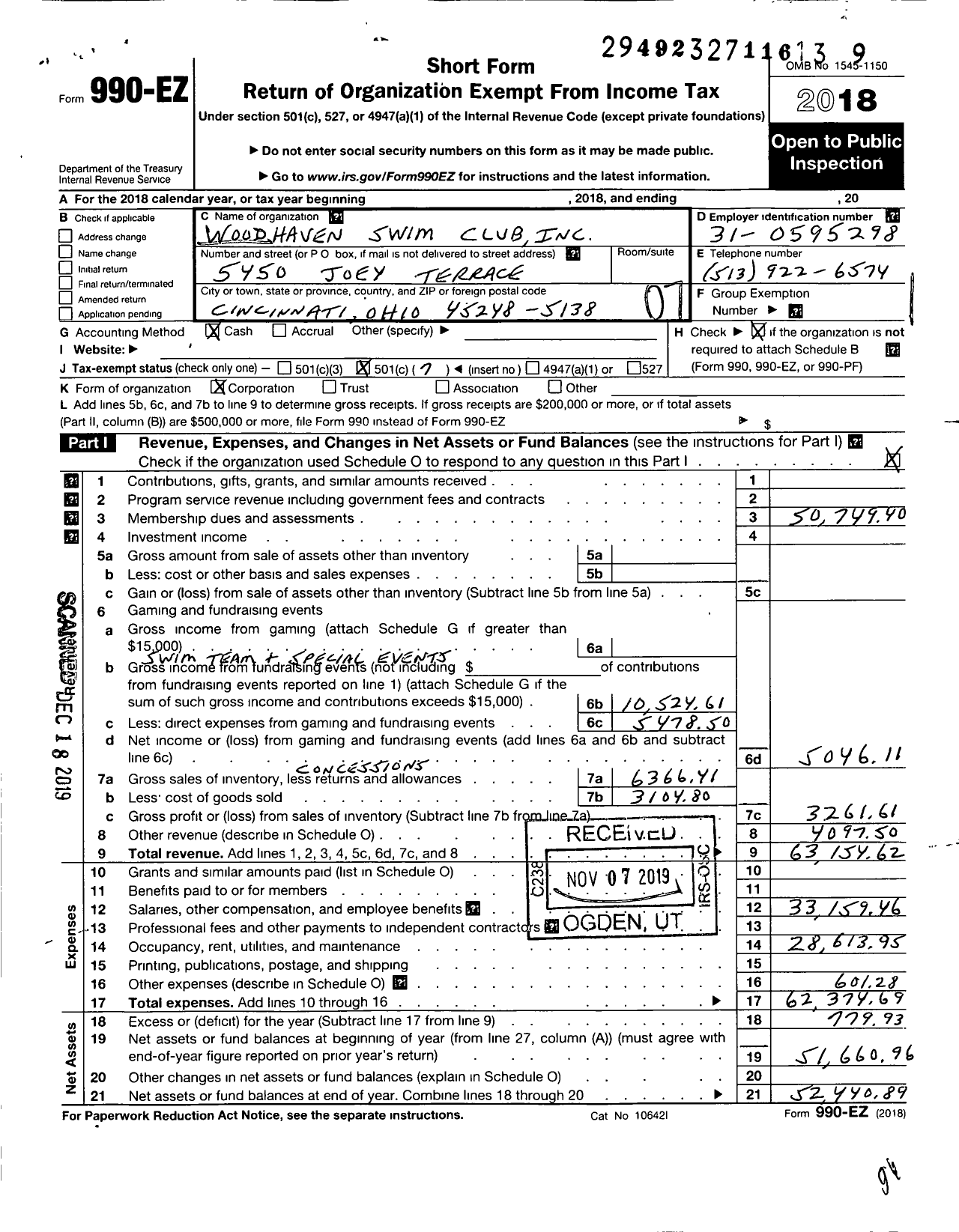 Image of first page of 2018 Form 990EO for Woodhaven Swim Club