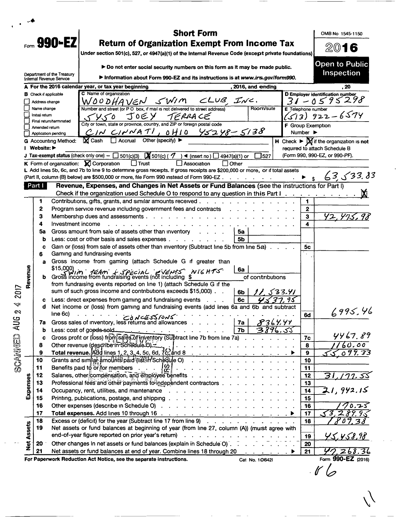 Image of first page of 2016 Form 990EO for Woodhaven Swim Club