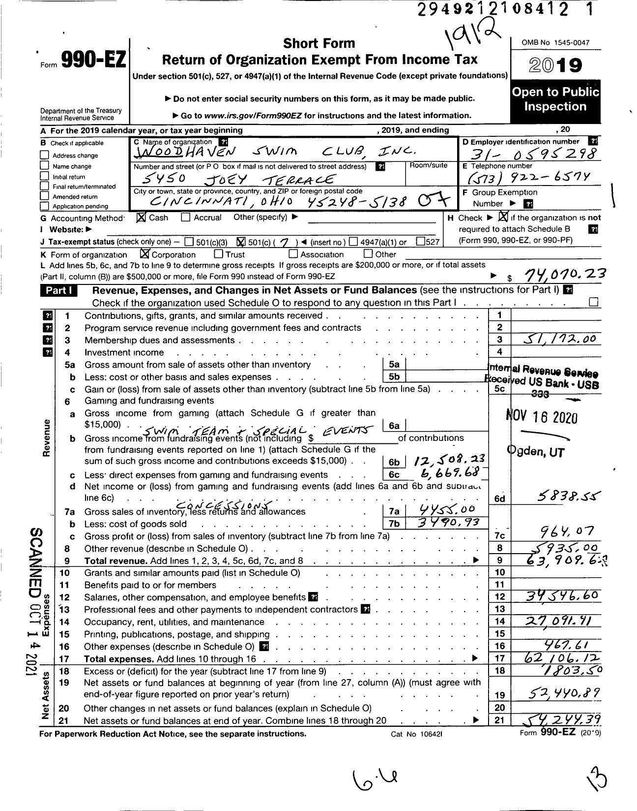 Image of first page of 2019 Form 990EO for Woodhaven Swim Club