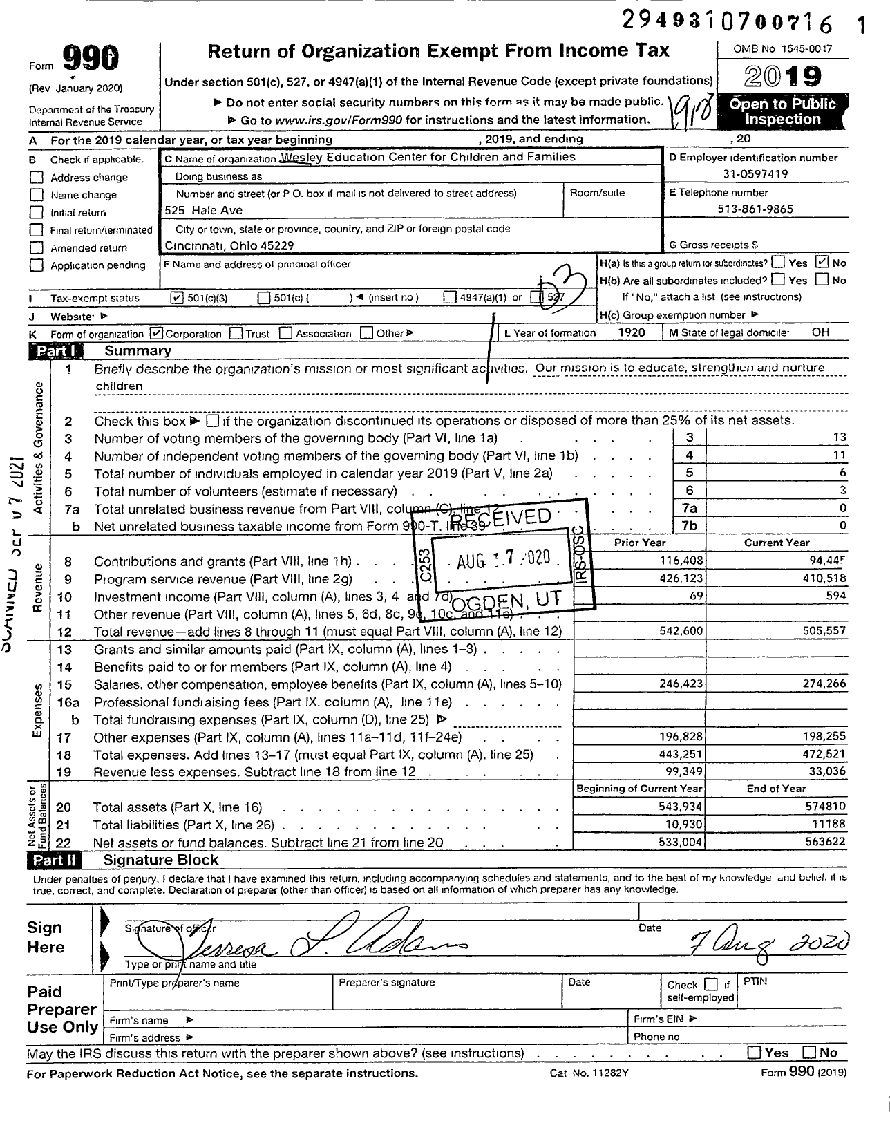 Image of first page of 2019 Form 990 for Wesley Child Care Center