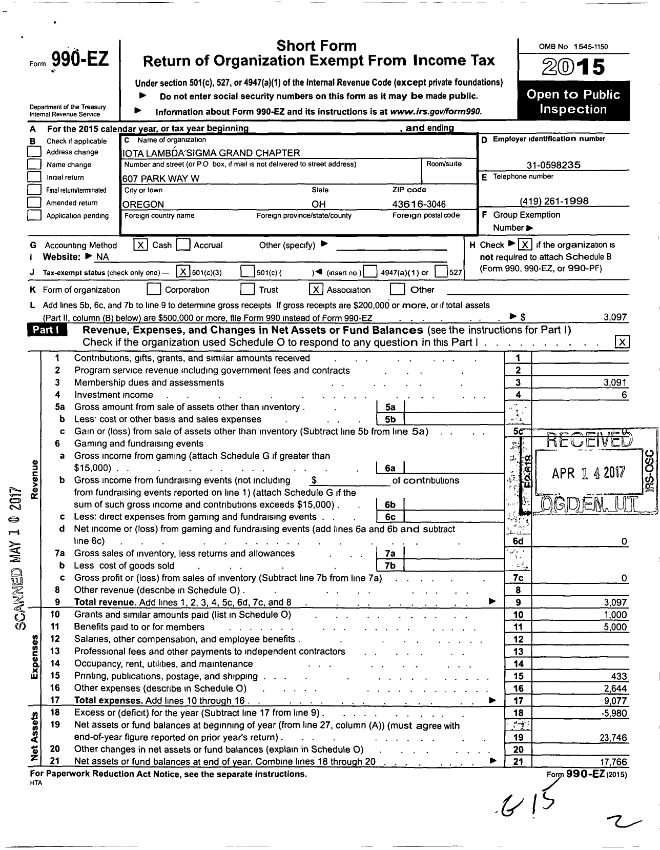 Image of first page of 2015 Form 990EZ for Iota Lambda Sigma Grand Chapter