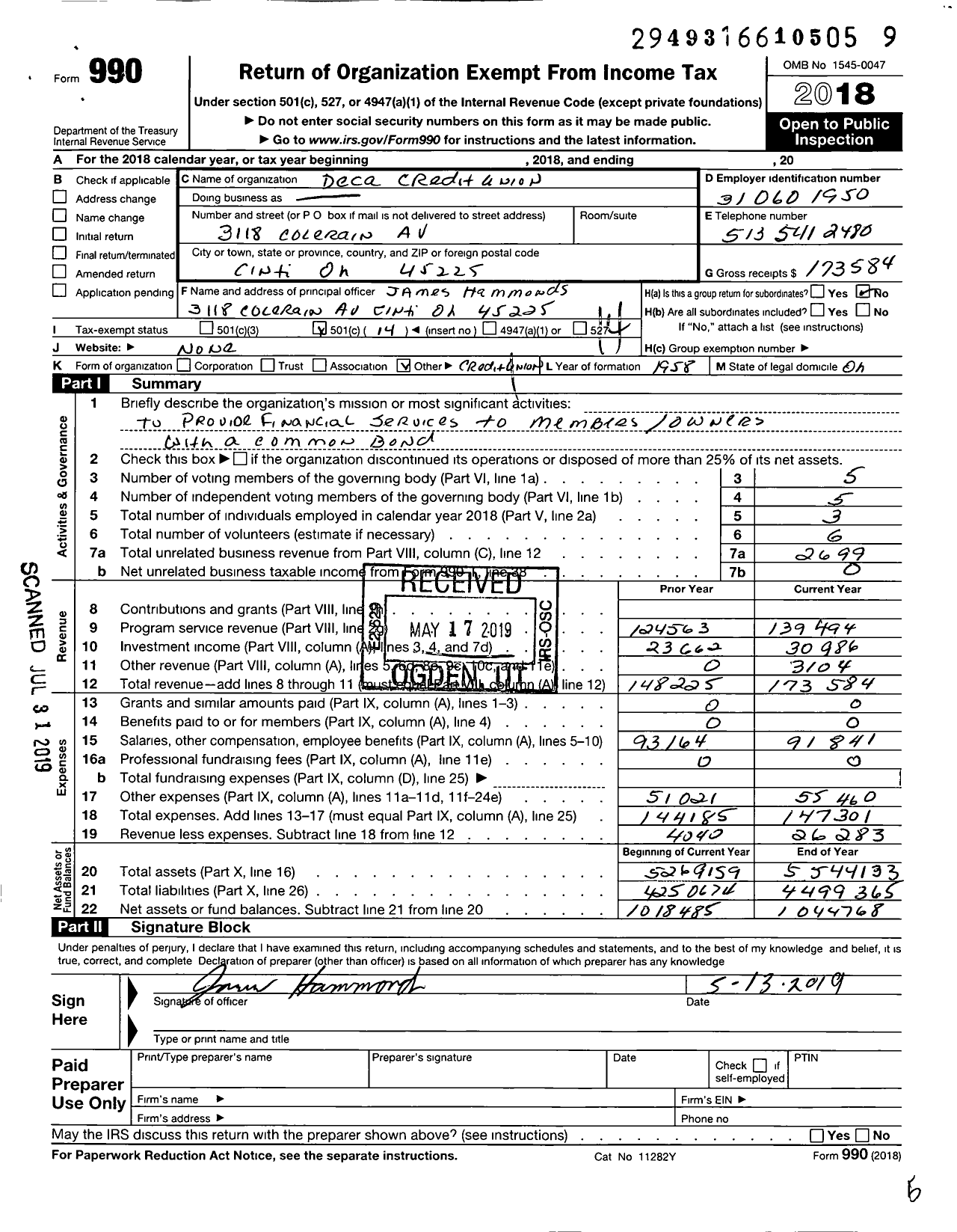 Image of first page of 2018 Form 990O for 835 Deca Credit Union