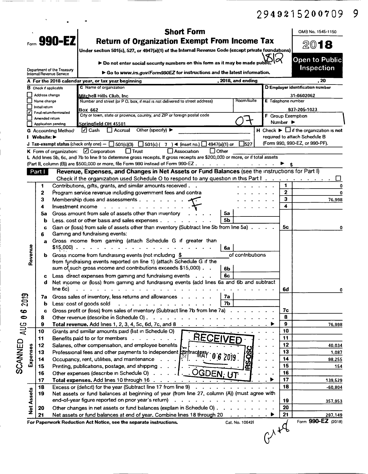 Image of first page of 2018 Form 990EO for Mitchell Hills Club