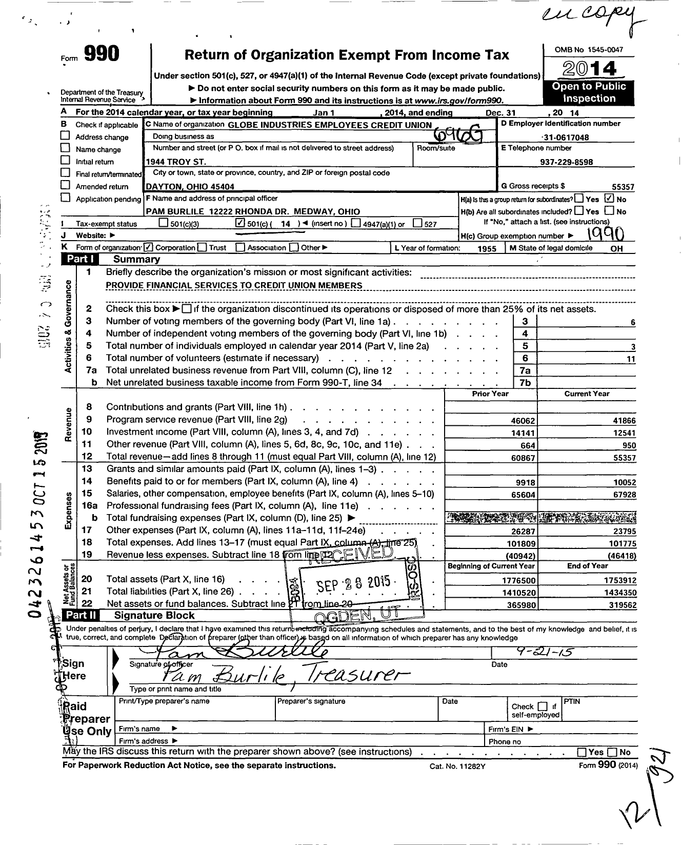 Image of first page of 2014 Form 990O for Globe Industries Employees Credit Union