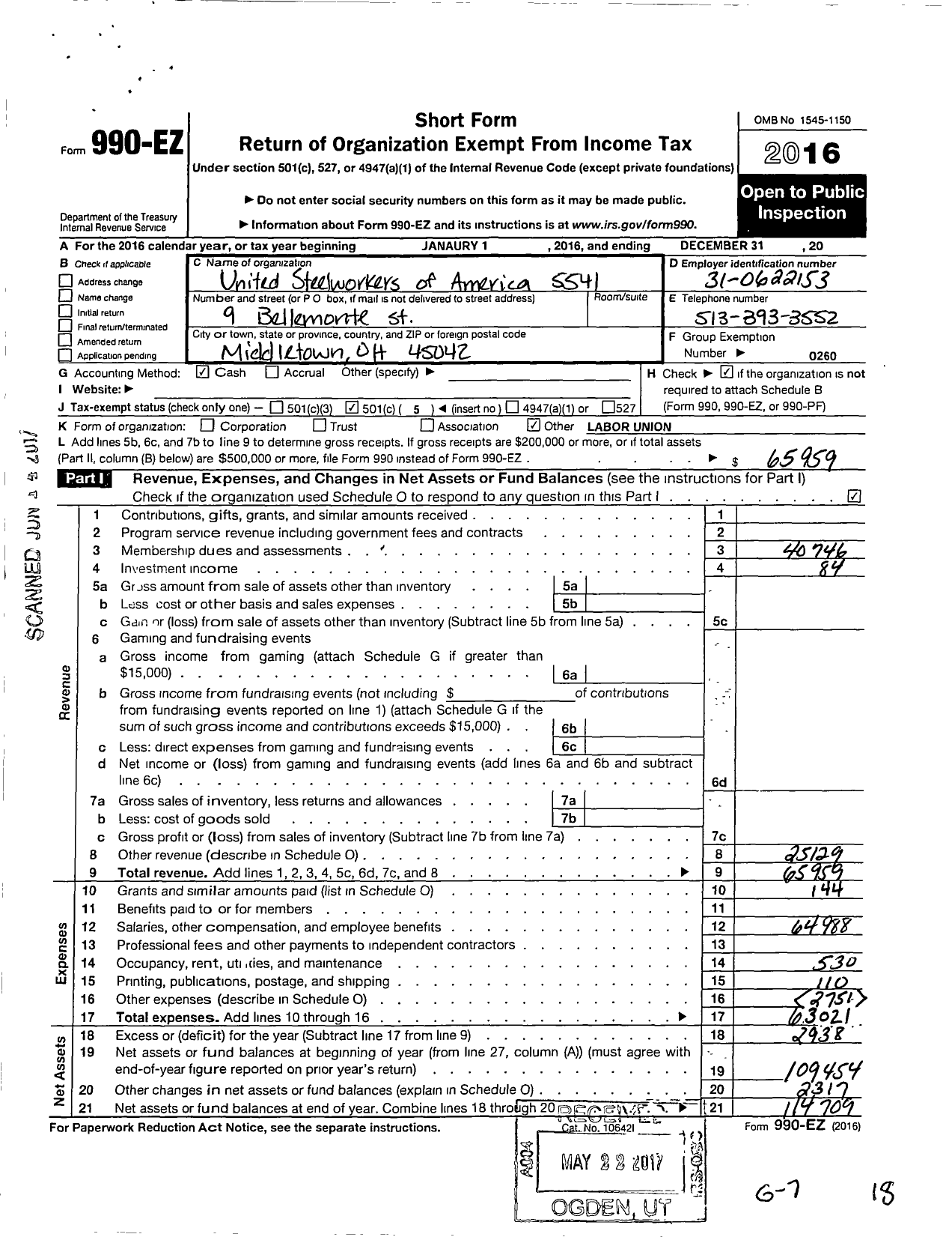 Image of first page of 2016 Form 990EO for United Steelworkers - 05541 Local