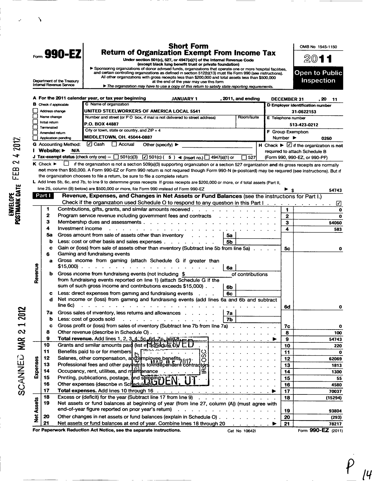 Image of first page of 2011 Form 990EO for United Steelworkers - 05541 Local