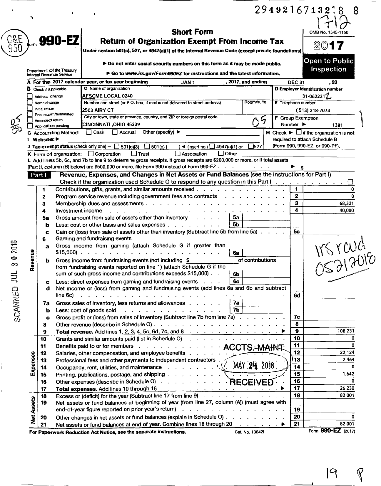 Image of first page of 2017 Form 990EO for American Federation of State County & Municipal Employees - L0240oh Cincinnati Municipal Empls