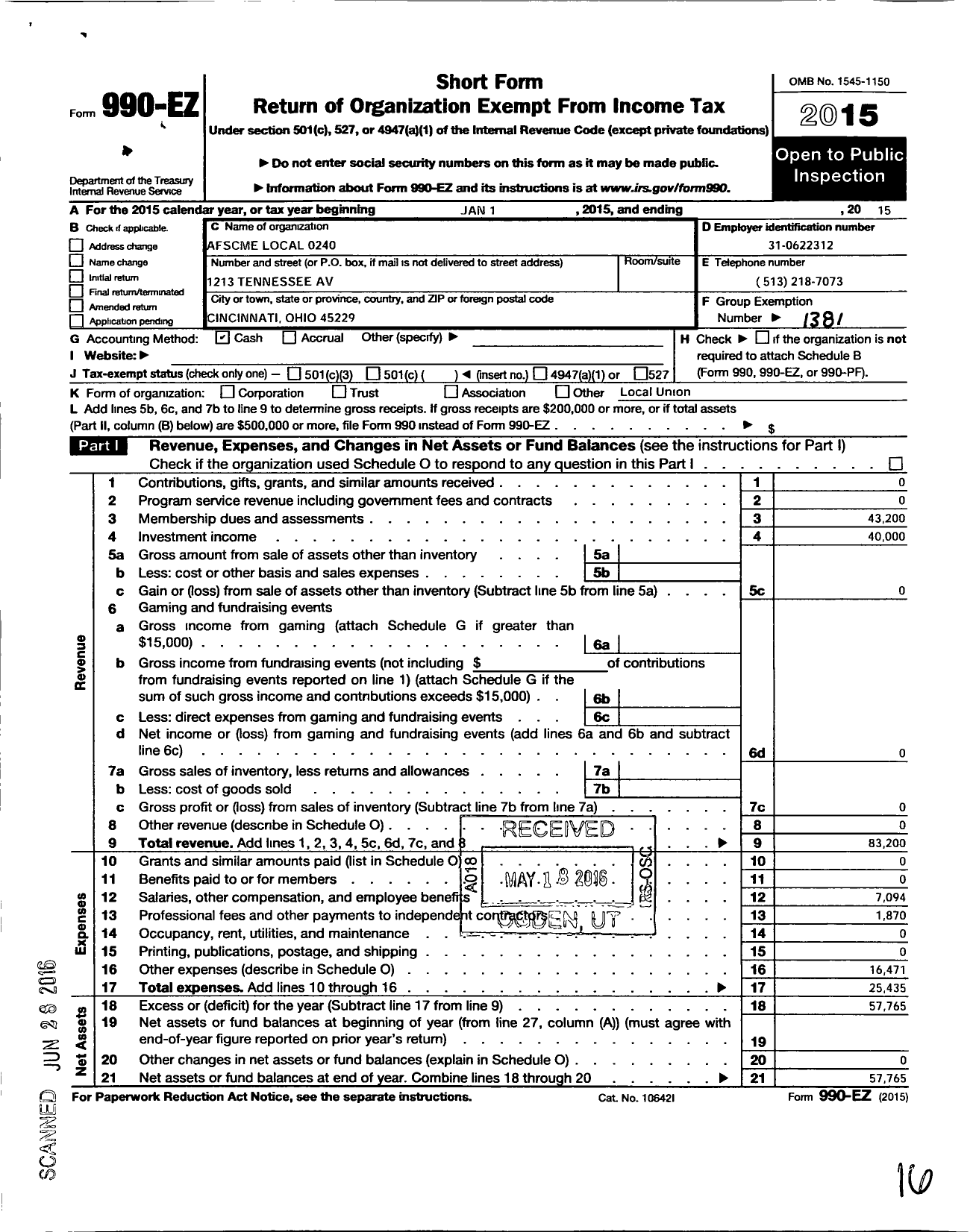 Image of first page of 2015 Form 990EO for American Federation of State County & Municipal Employees - L0240oh Cincinnati Municipal Empls