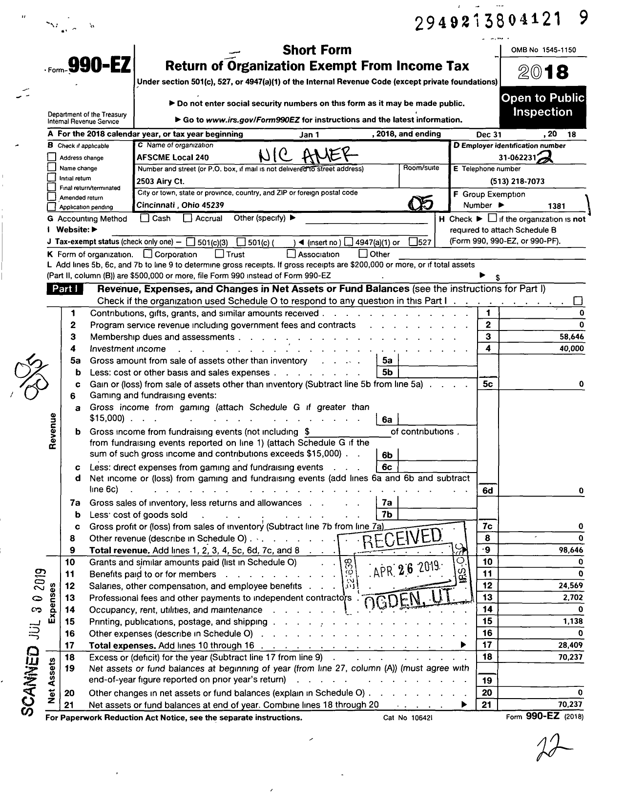 Image of first page of 2018 Form 990EO for American Federation of State County & Municipal Employees - L0240oh Cincinnati Municipal Empls