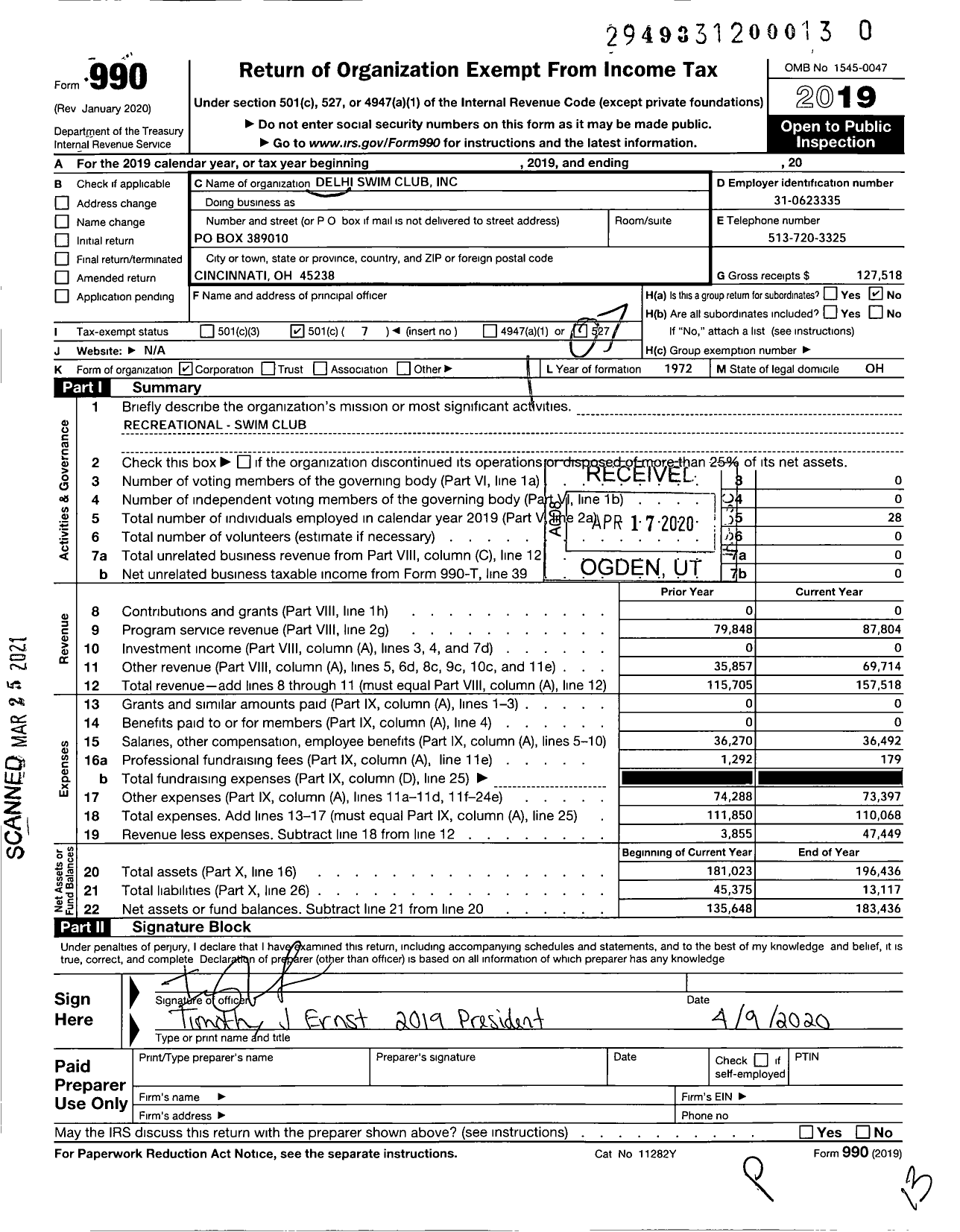Image of first page of 2019 Form 990O for Delhi Swim Club