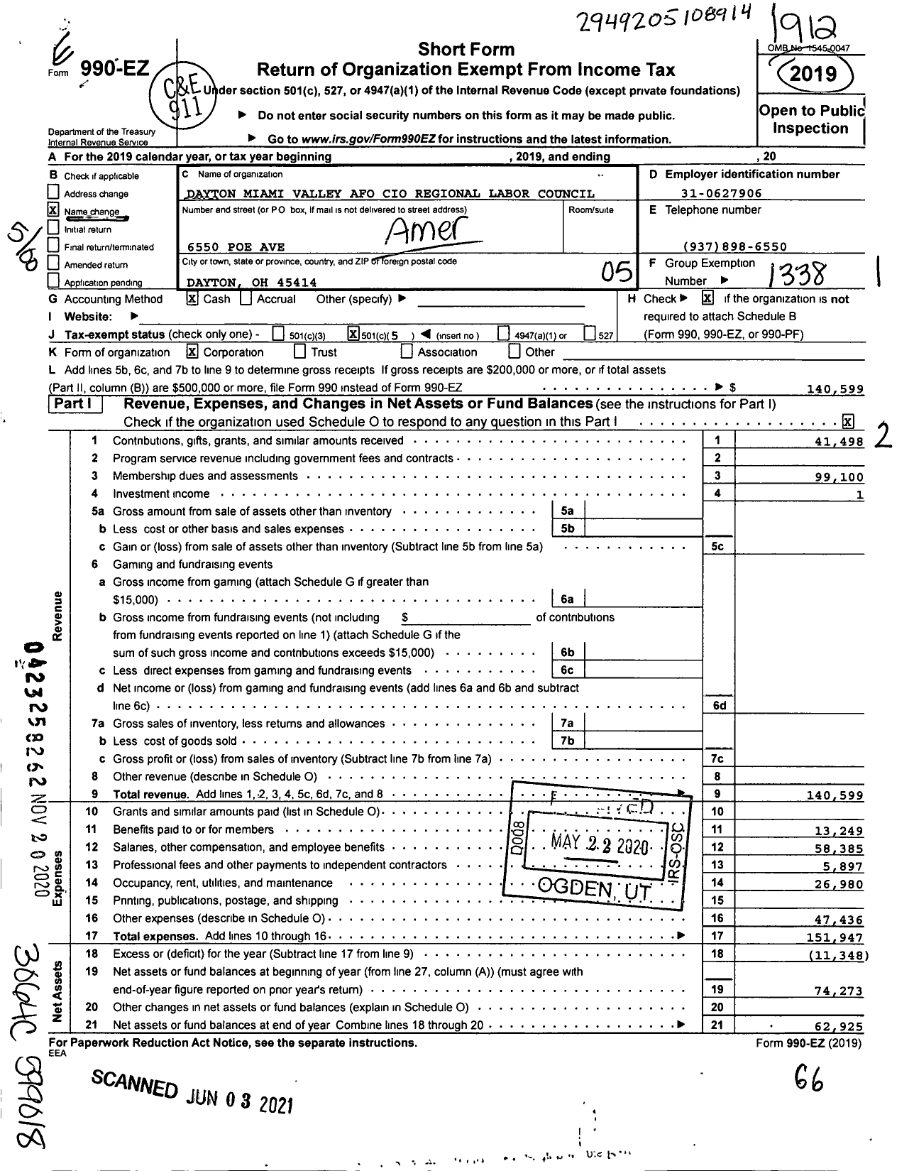 Image of first page of 2019 Form 990EO for AFL-CIO - Dayton Miami Valley Regional Labor