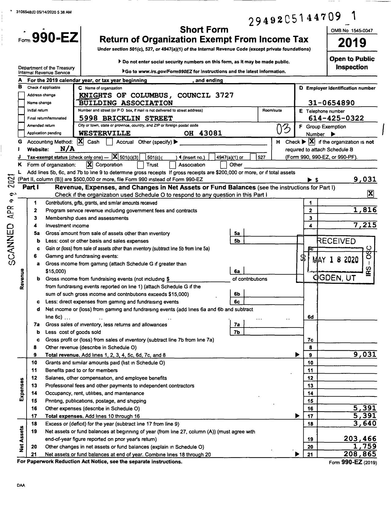 Image of first page of 2019 Form 990EZ for Knights of Columbus Council 3727 Building Association