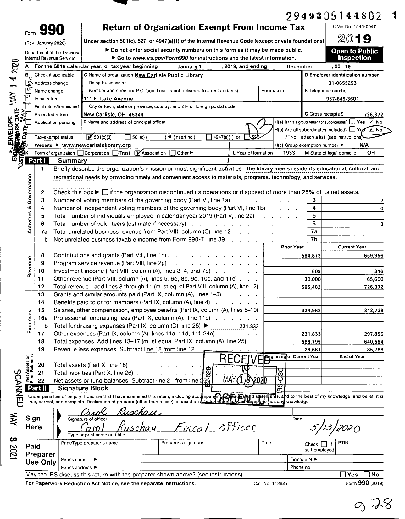 Image of first page of 2019 Form 990 for New Carlisle Library Board