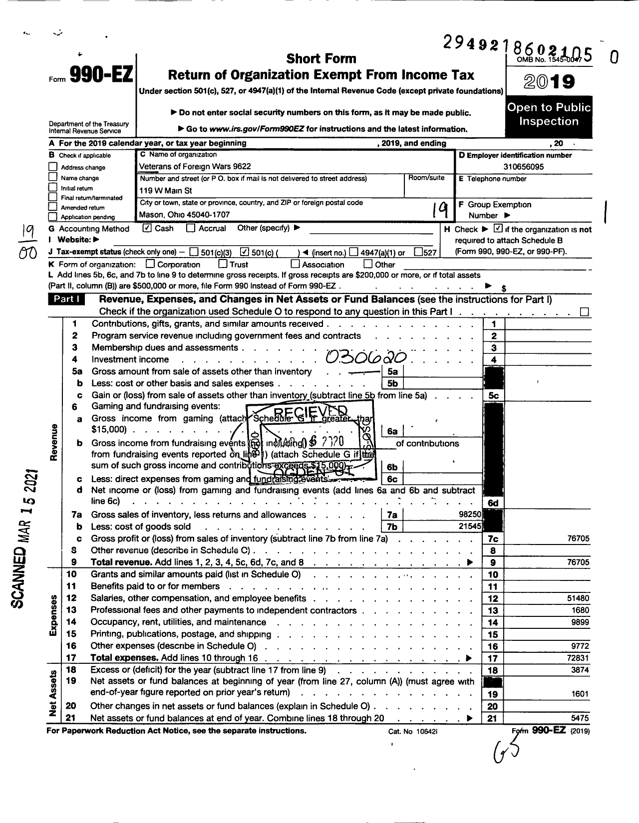 Image of first page of 2019 Form 990EO for Ohio VFW - Veterans of Foreign Wars 9622