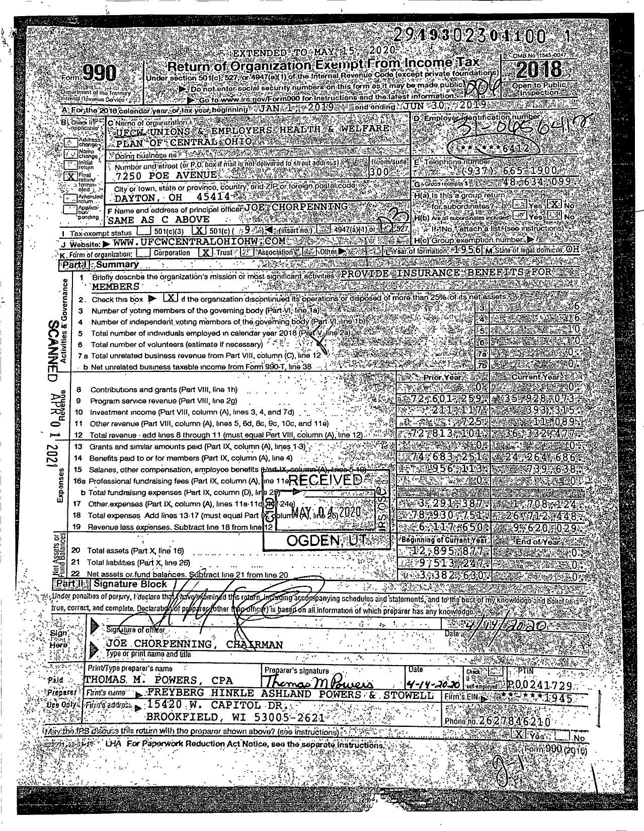 Image of first page of 2018 Form 990 for Ufcw Unions and Employers Health and Welfare Plan of Central Ohio